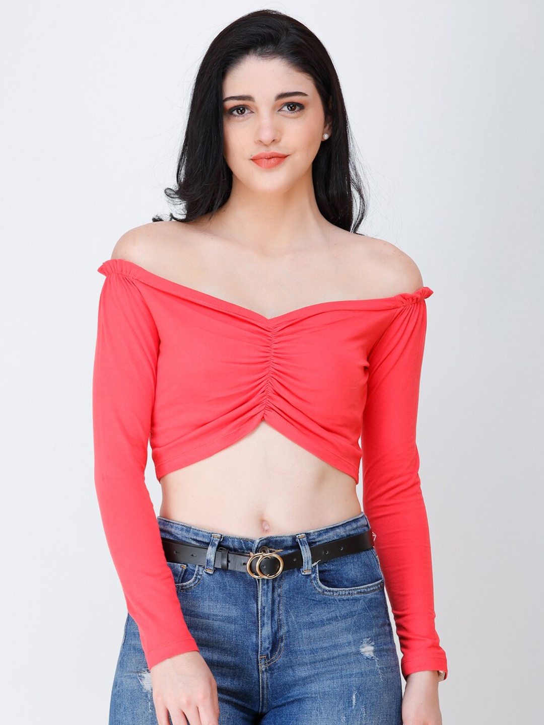 

SCORPIUS Off-Shoulder Bardot Crop Top, Coral
