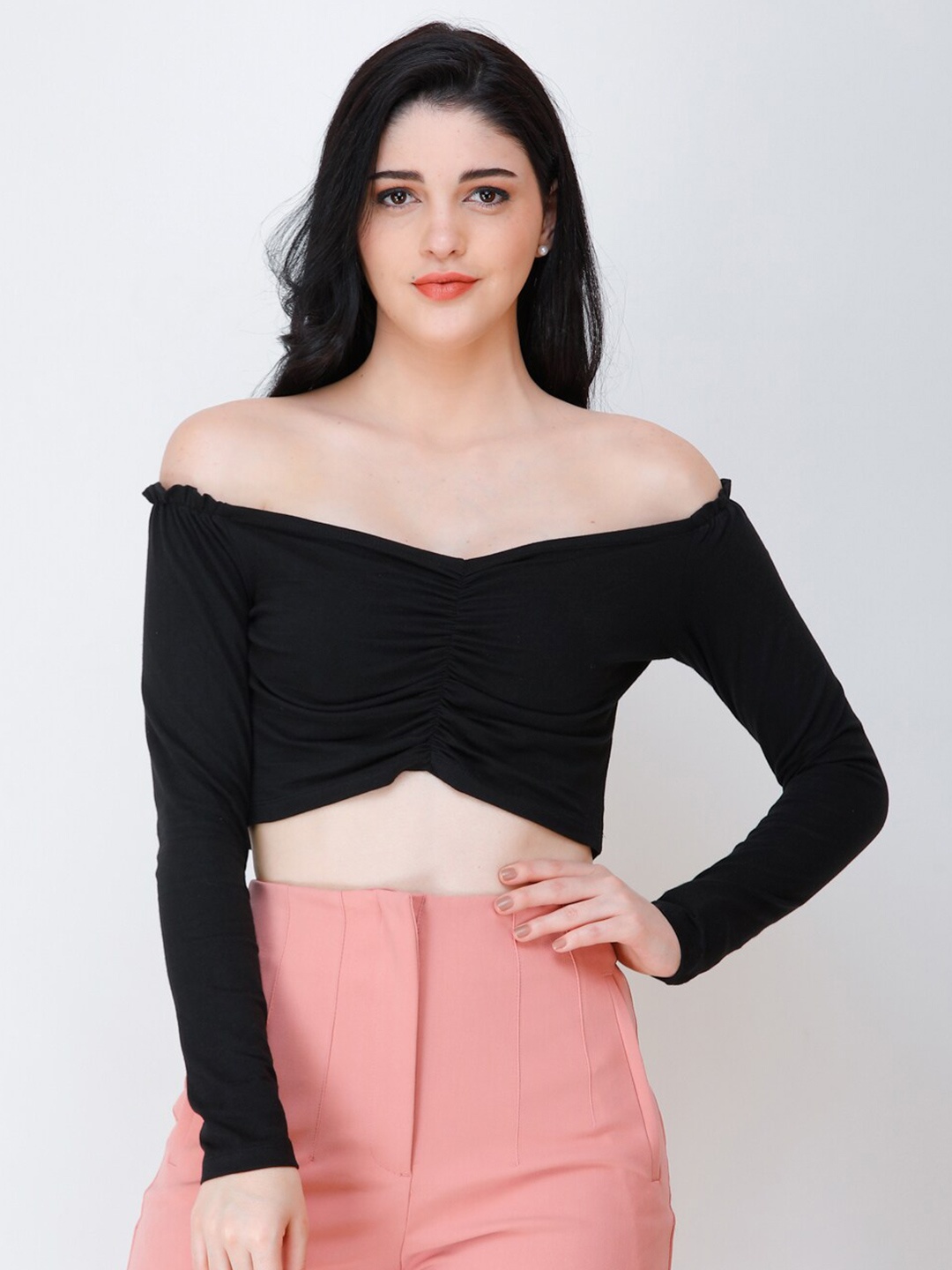 

SCORPIUS Off-Shoulder Fitted Crop Top, Black