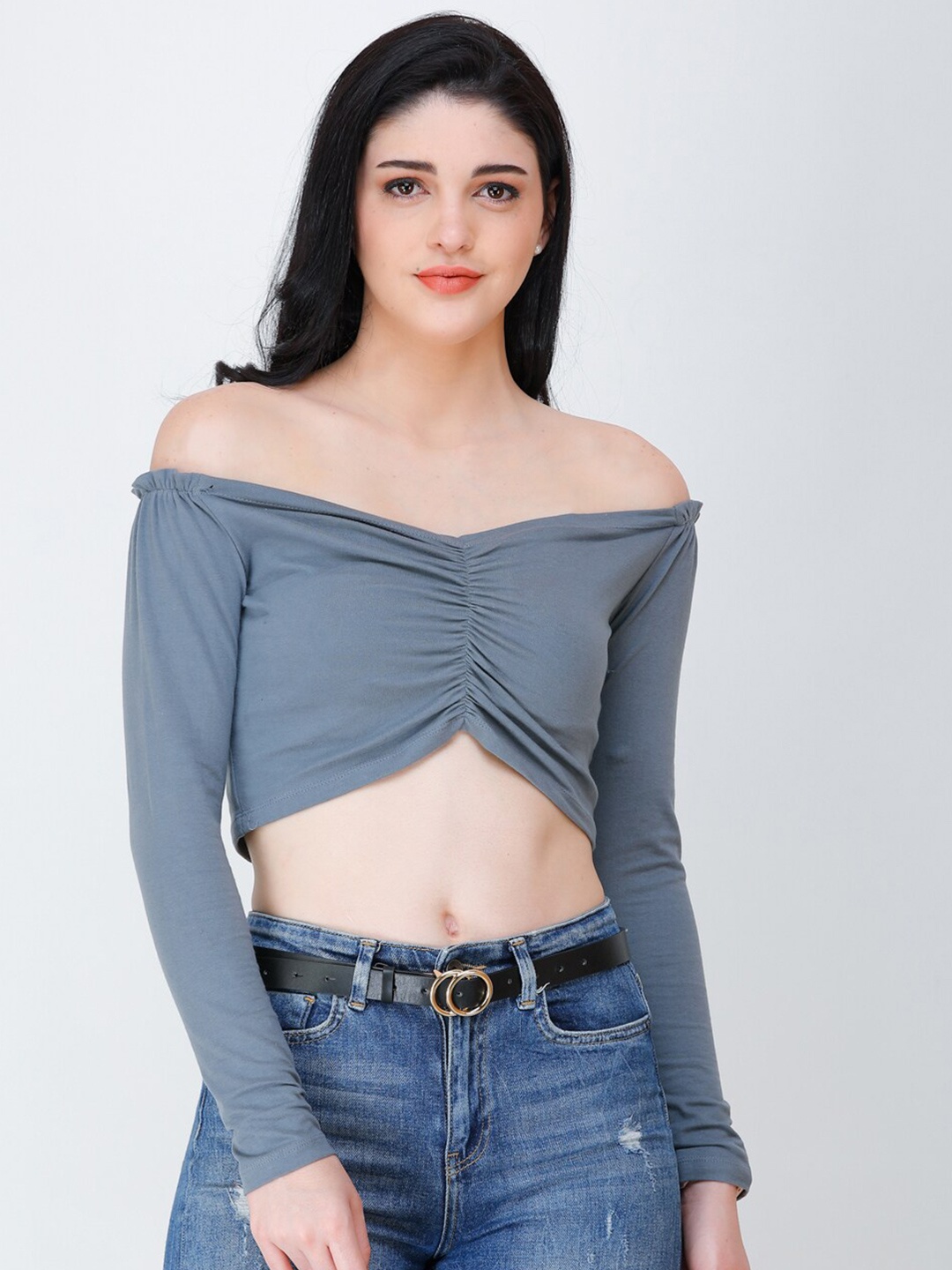 

SCORPIUS Off-Shoulder Bardot Crop Top, Grey