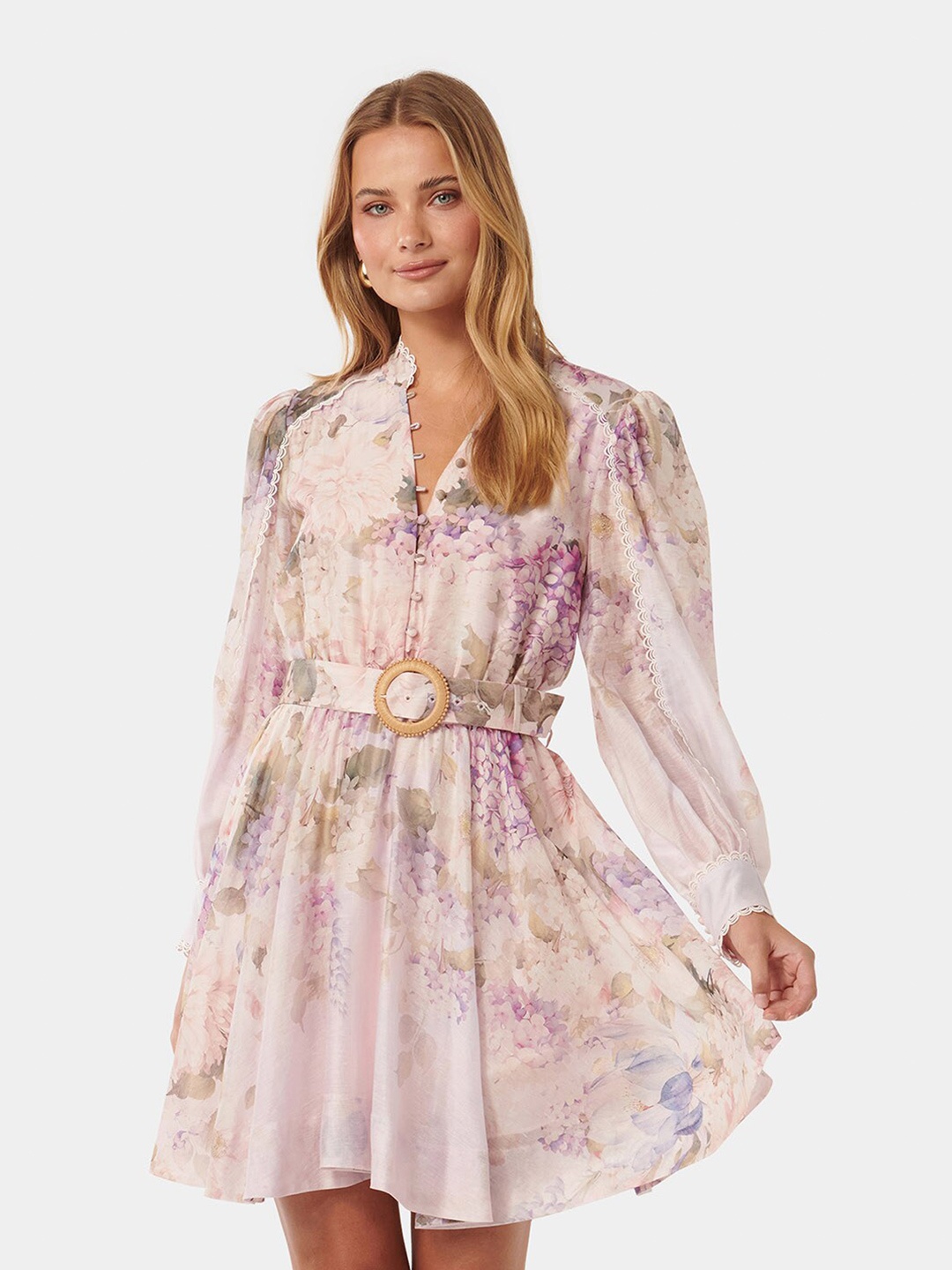 

Forever New Floral Printed Mandarin Collar Cuffed Sleeves A-Line Dress, Pink