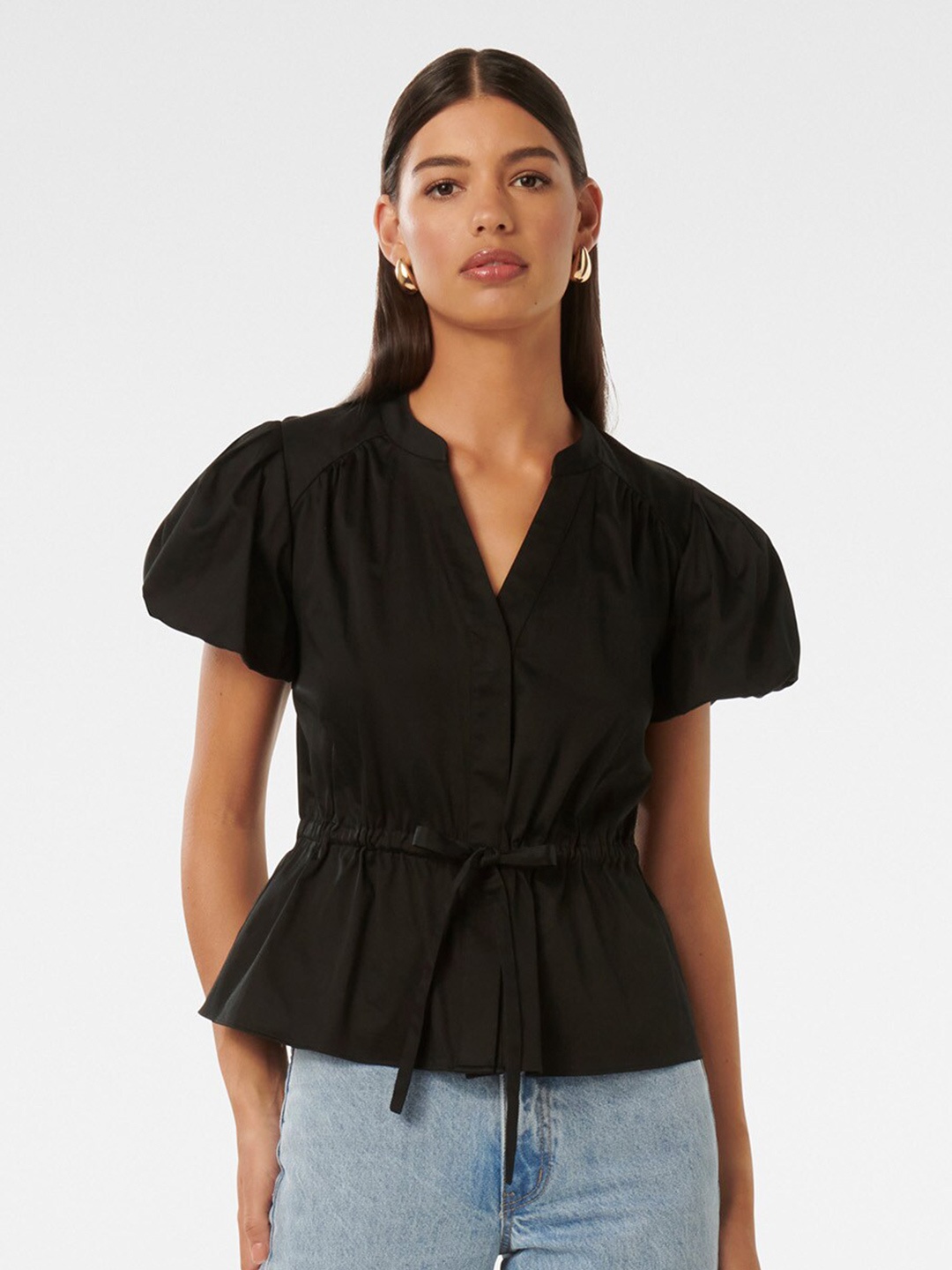 

Forever New Mandarin Collar Puff Sleeves Cotton Cinched Waist Top, Black