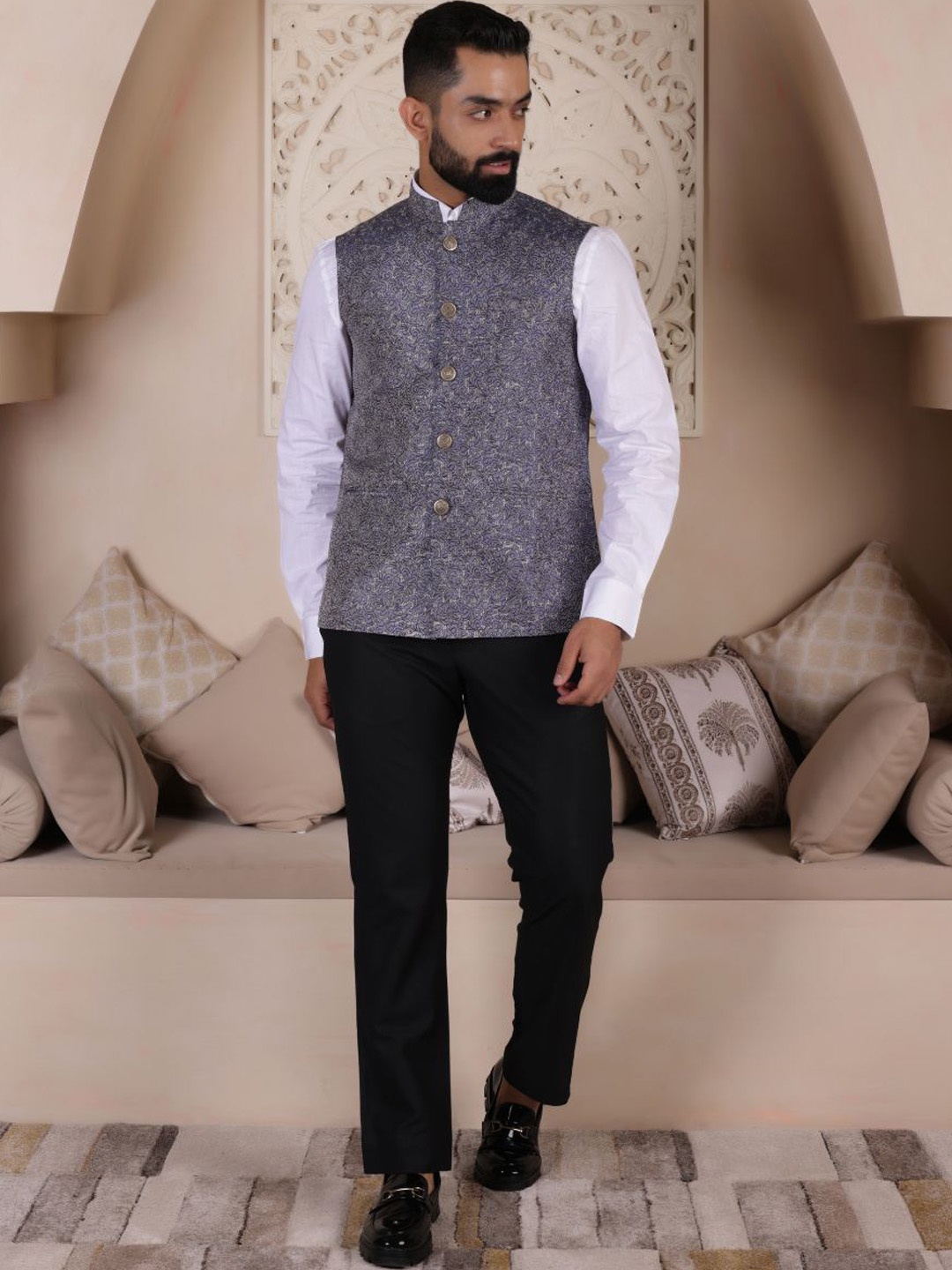 

Lightpole Woven Designed Ethnic Nehru Jacket, Blue