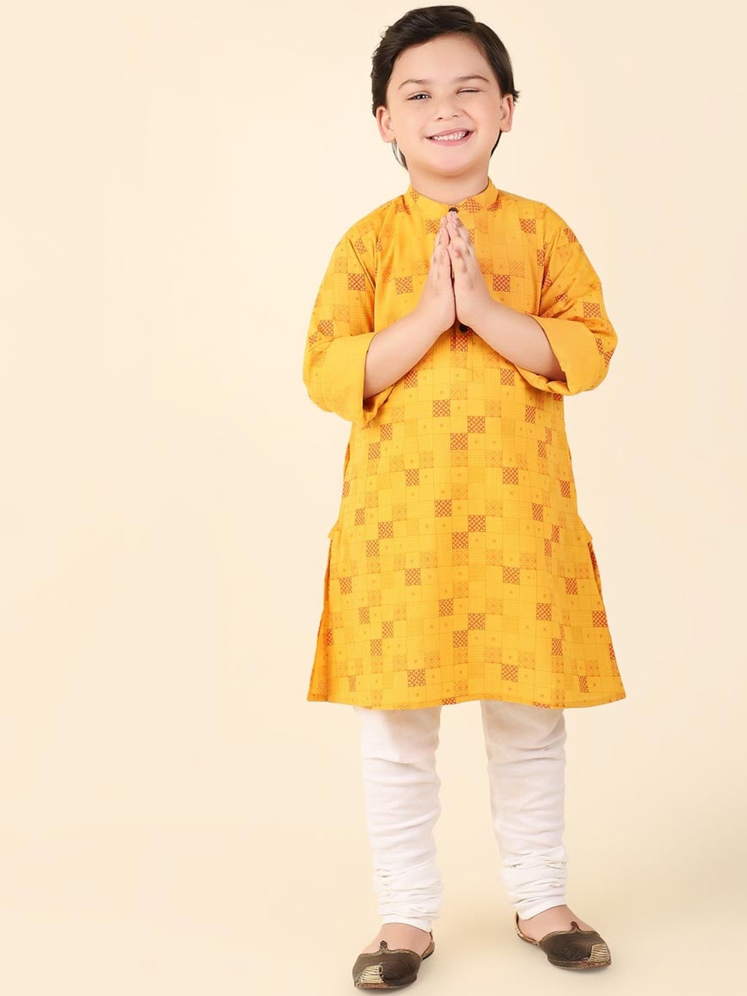 

Fabindia Boys Geometric Printed Band Collar Cotton Kurta, Yellow