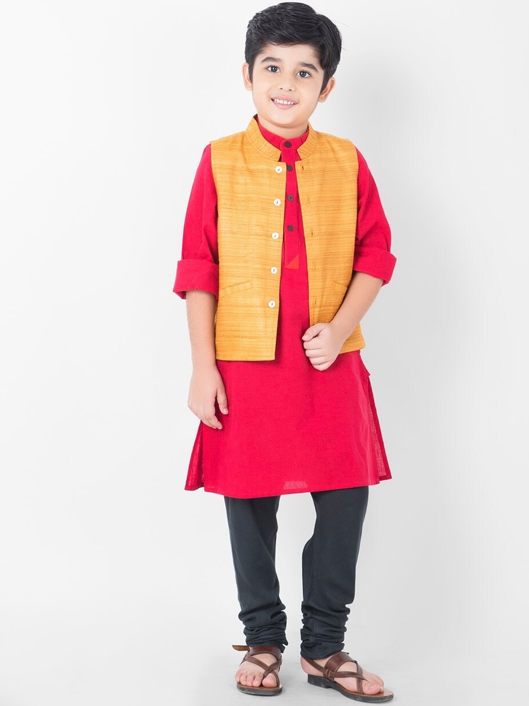 

Fabindia Boys Woven Pure Silk Nehru Jacket, Mustard