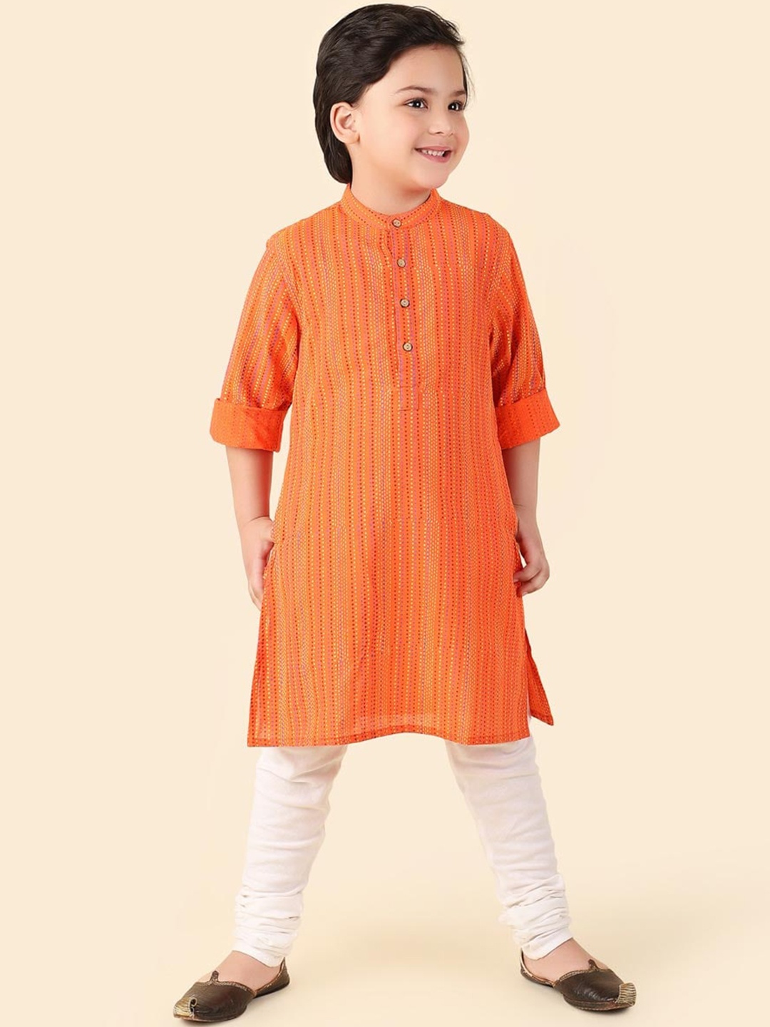 

Fabindia Boys Striped Band Collar Pure Cotton Straight Kurta, Orange
