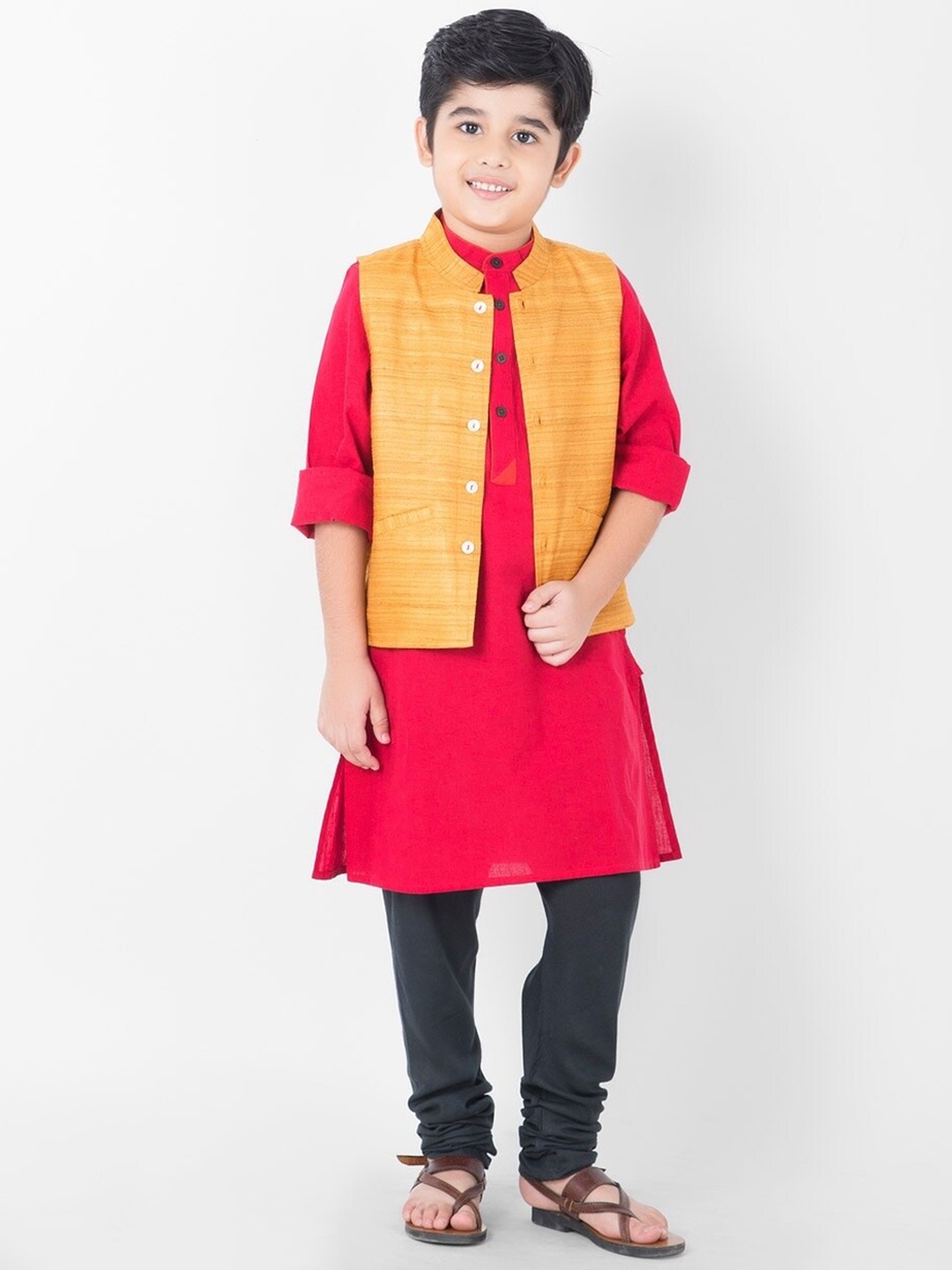

Fabindia Boys Pure Silk Woven Nehru Jacket, Mustard