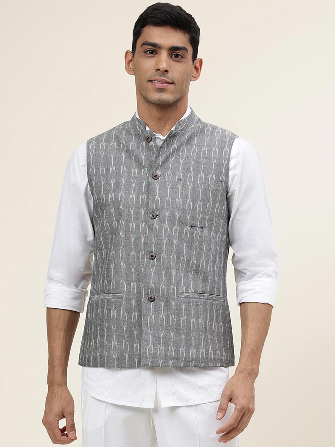 

Fabindia Woven Design Cotton Slim-Fit Nehru Jacket, Grey