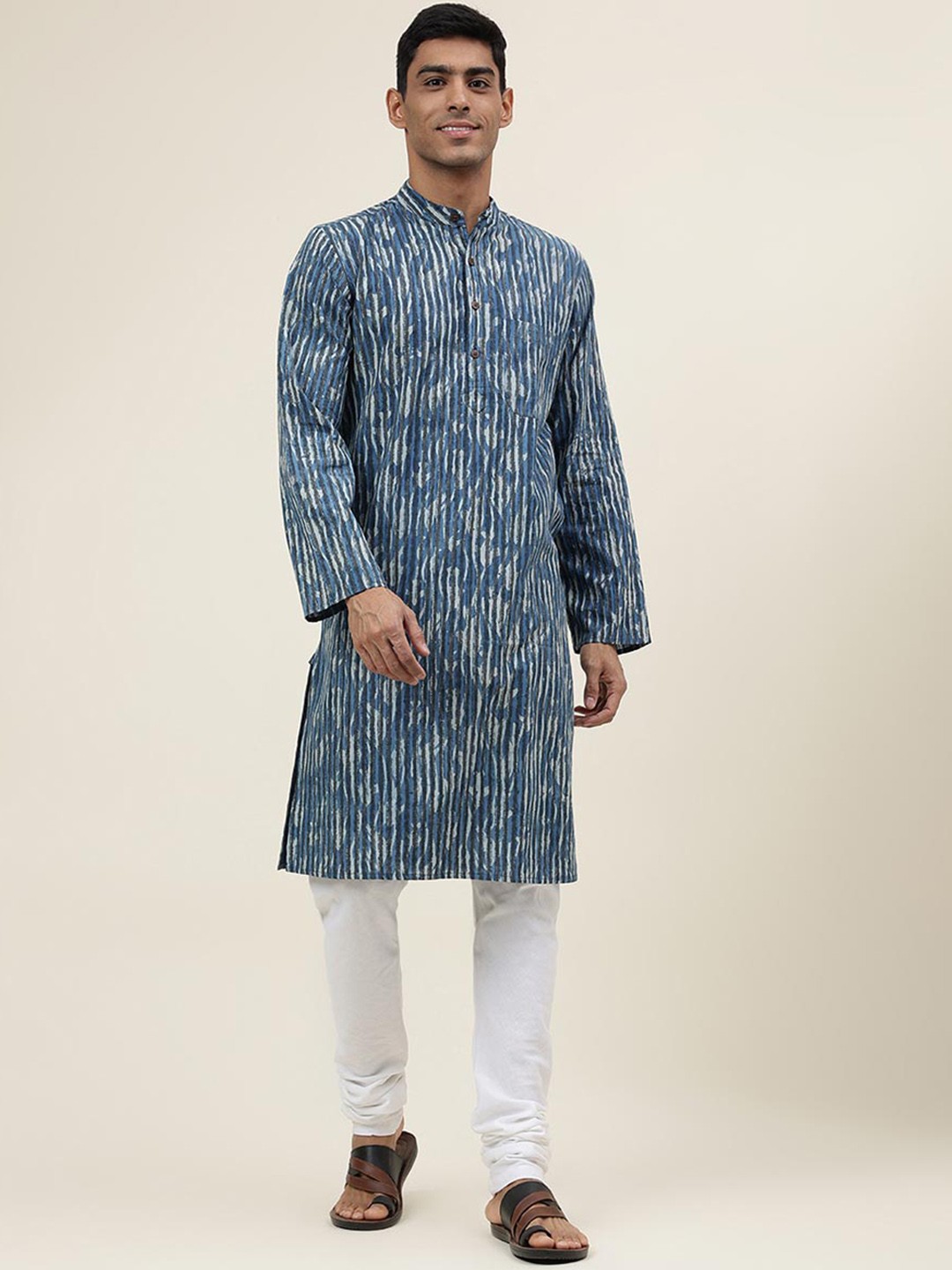 

Fabindia Striped Band Collar Pure Cotton Straight Kurta, Blue