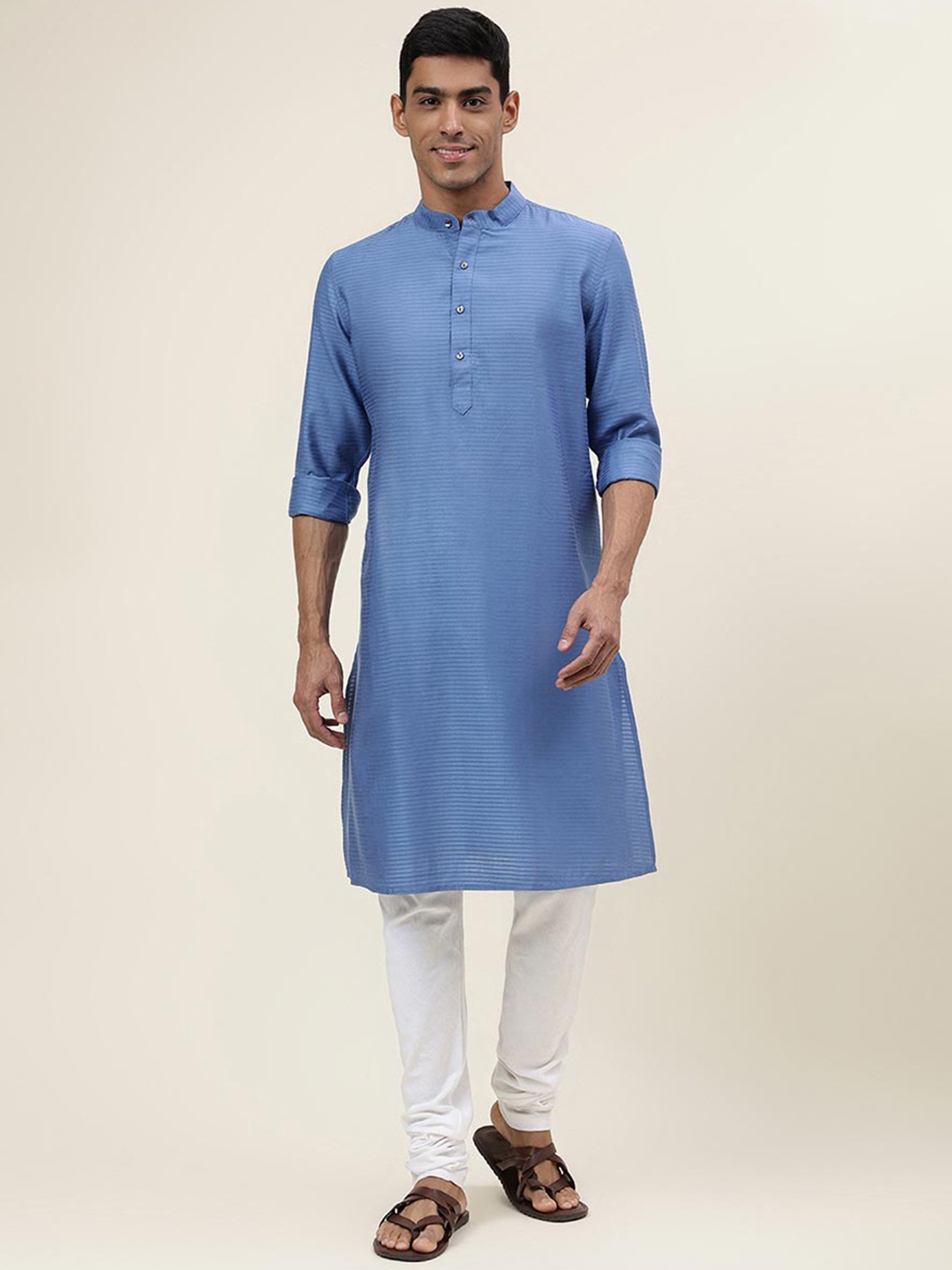 

Fabindia Striped Band Collar Kurta, Blue