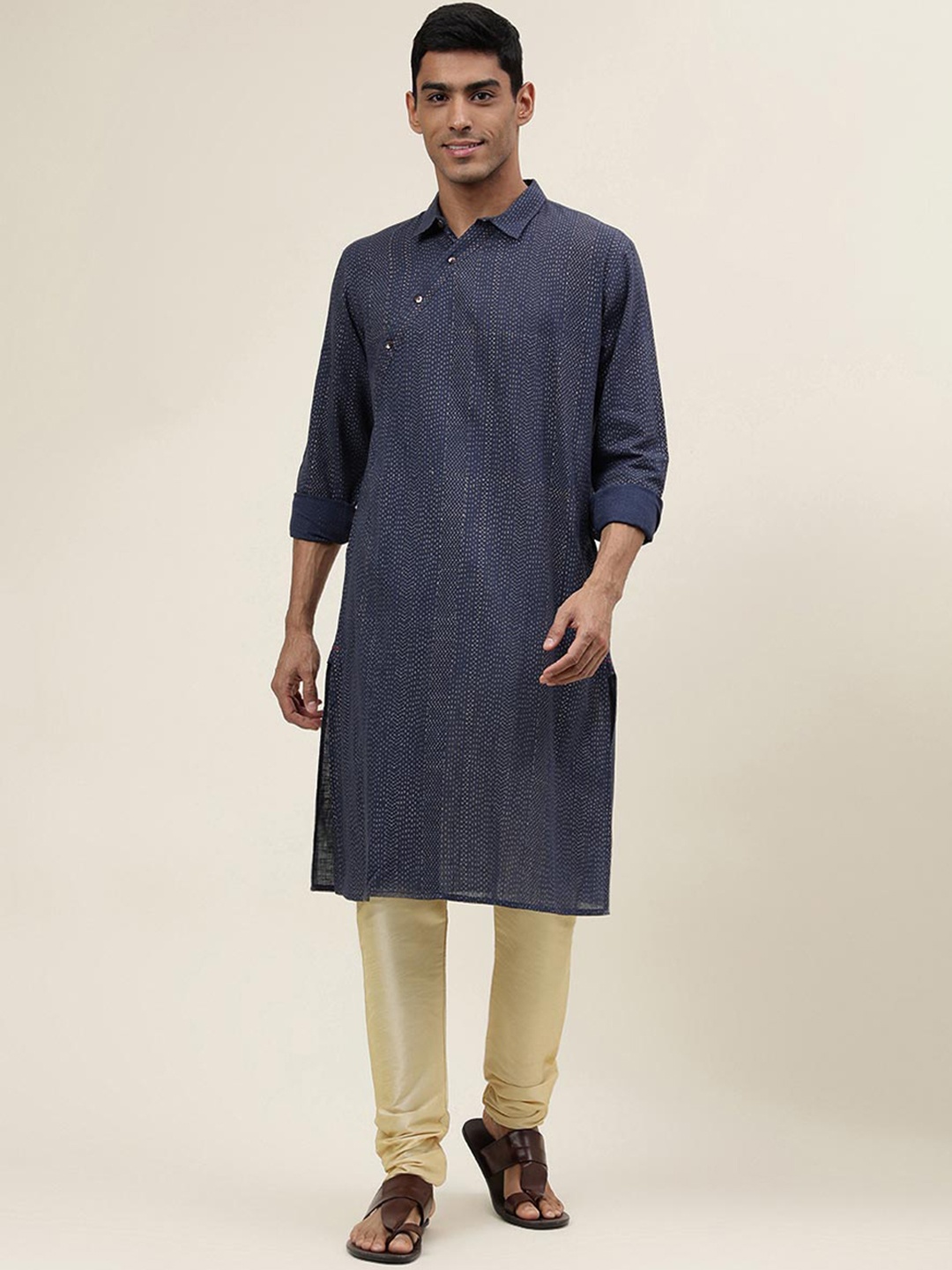 

Fabindia Geometric Printed Shirt Collar Pure Cotton Straight Kurta, Navy blue