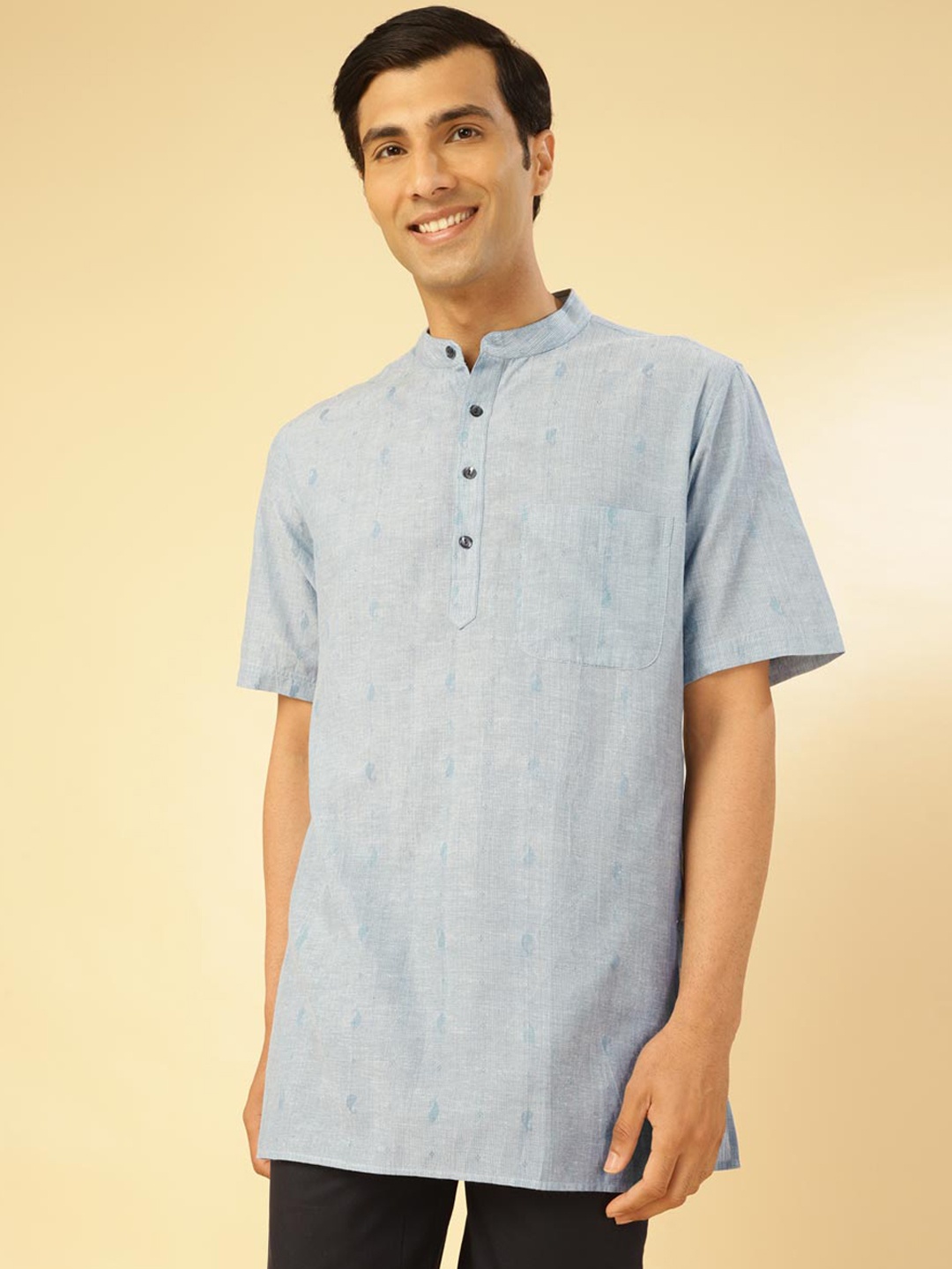 

Fabindia Striped Band Collar Pure Cotton Straight Kurta, Blue