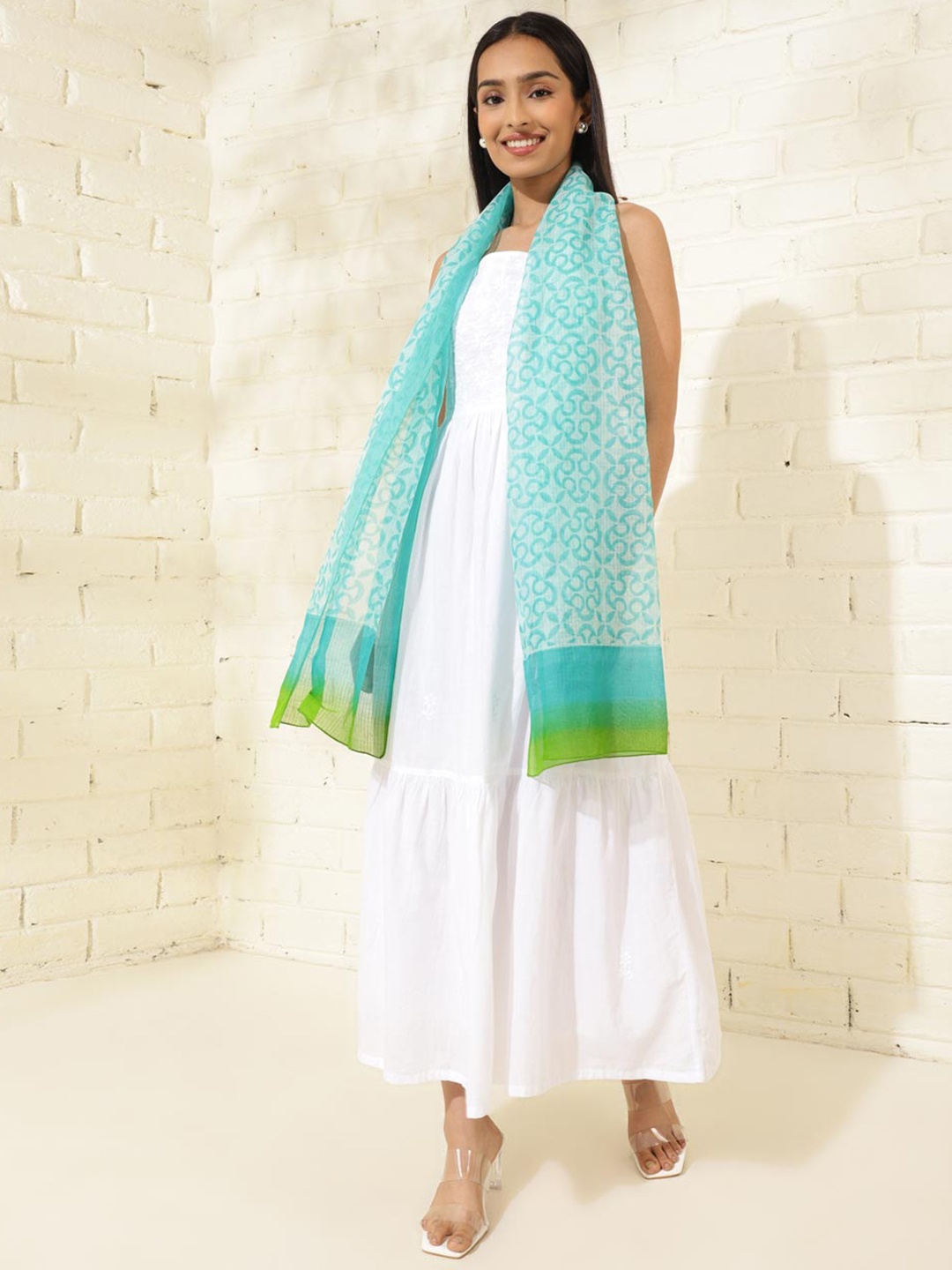 

Fabindia Ethnic Motifs Printed Cotton Silk Stole, Blue