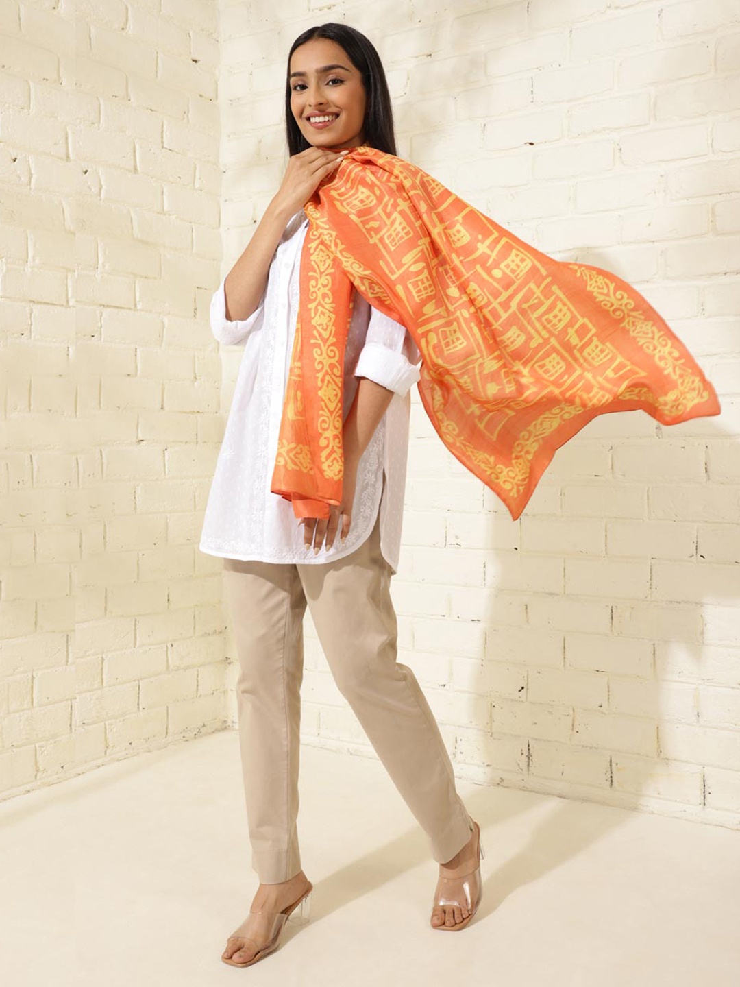 

Fabindia Ethnic Motifs Batik Printed Silk Stole, Orange