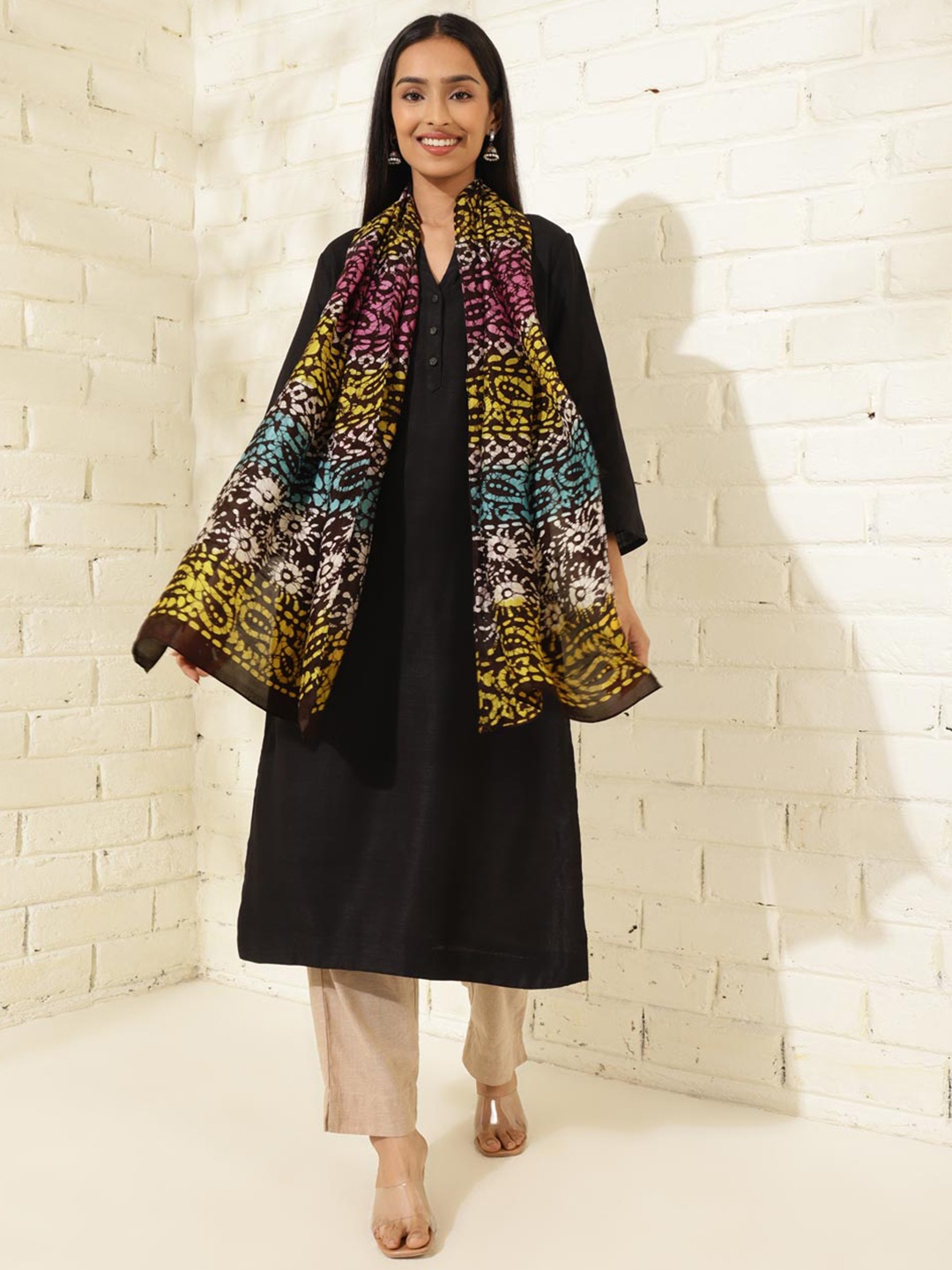 

Fabindia Ethnic Motifs Printed Silk Stole, Black