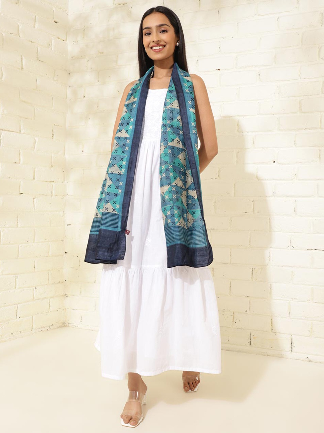 

Fabindia Geometric Printed Silk Stole, Blue