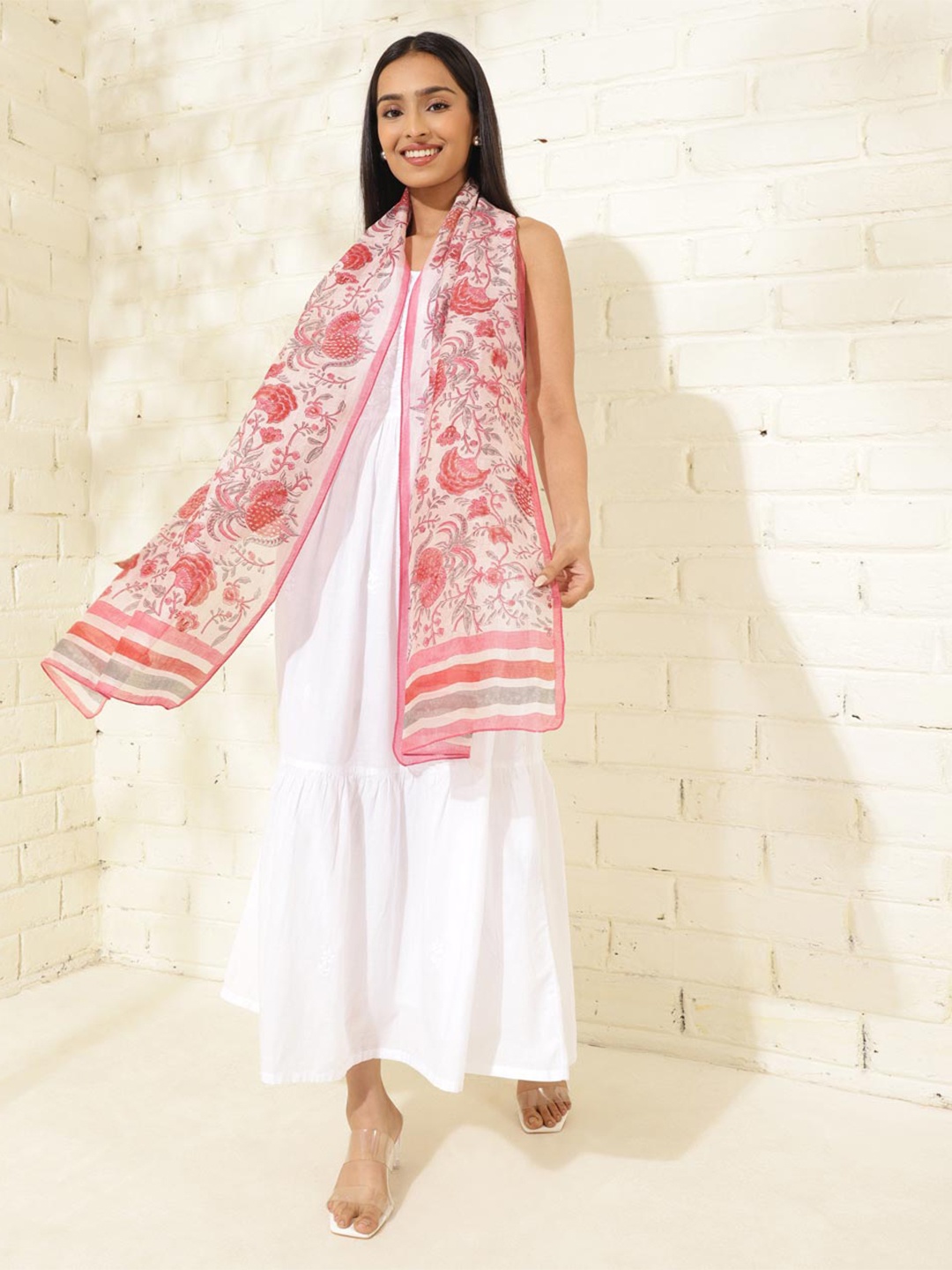 

Fabindia Floral Printed Cotton Silk Stole, Red