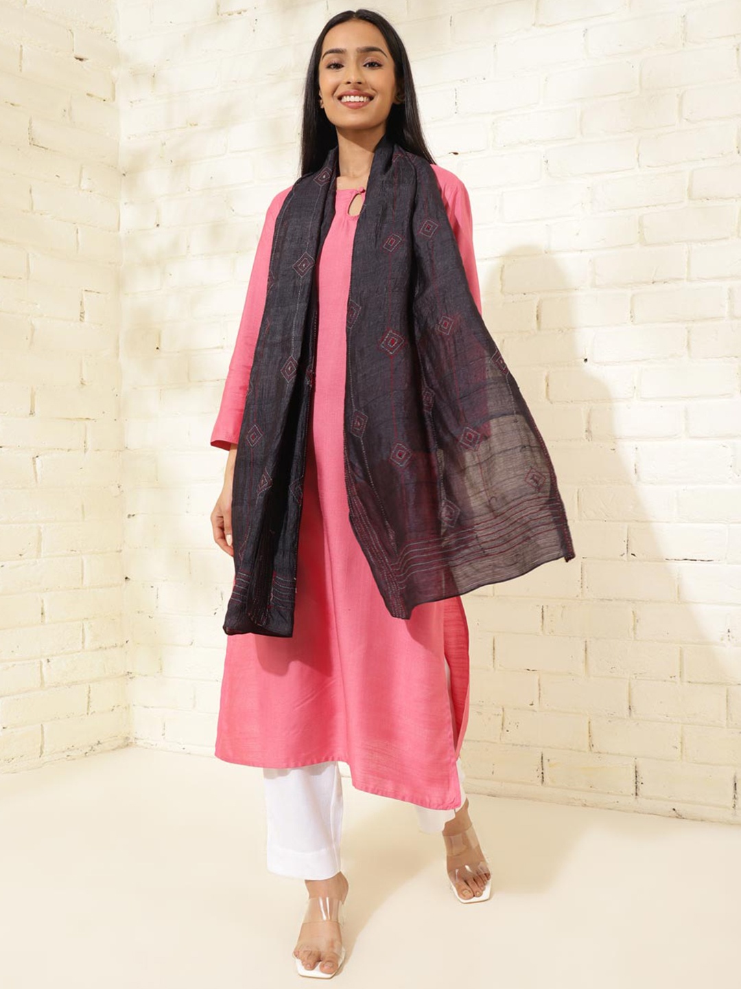 

Fabindia Ethnic Motifs Woven Design Silk Stole, Black