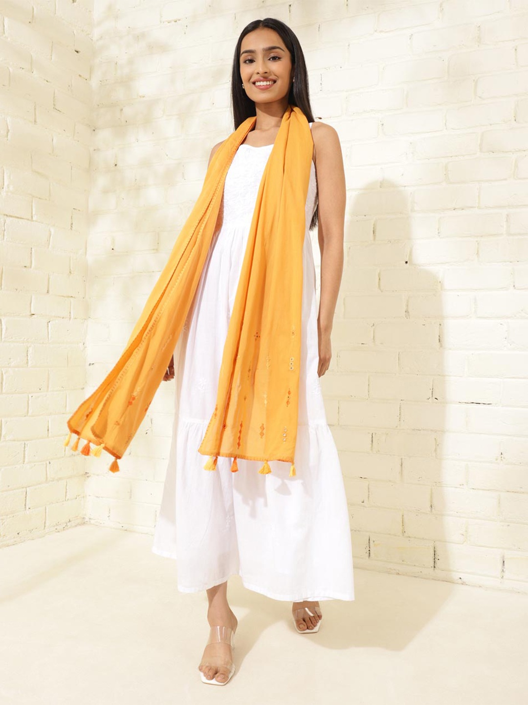 

Fabindia Geometric Embroidered Cotton Stole, Yellow