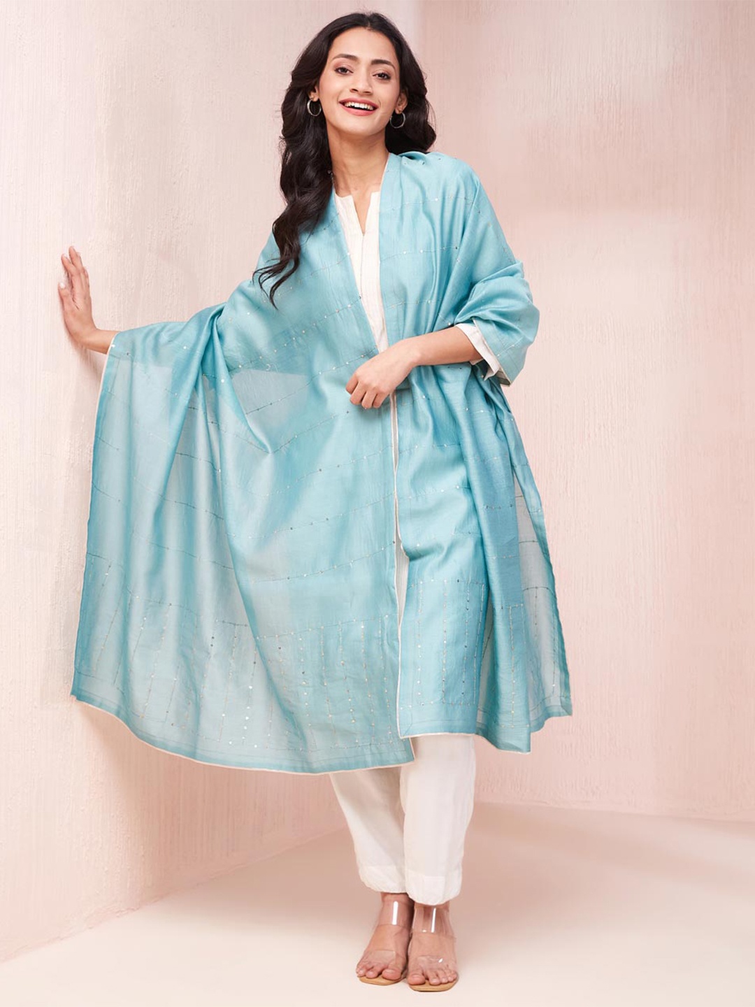

Fabindia Striped Embroidered Cotton Silk Dupatta, Turquoise blue