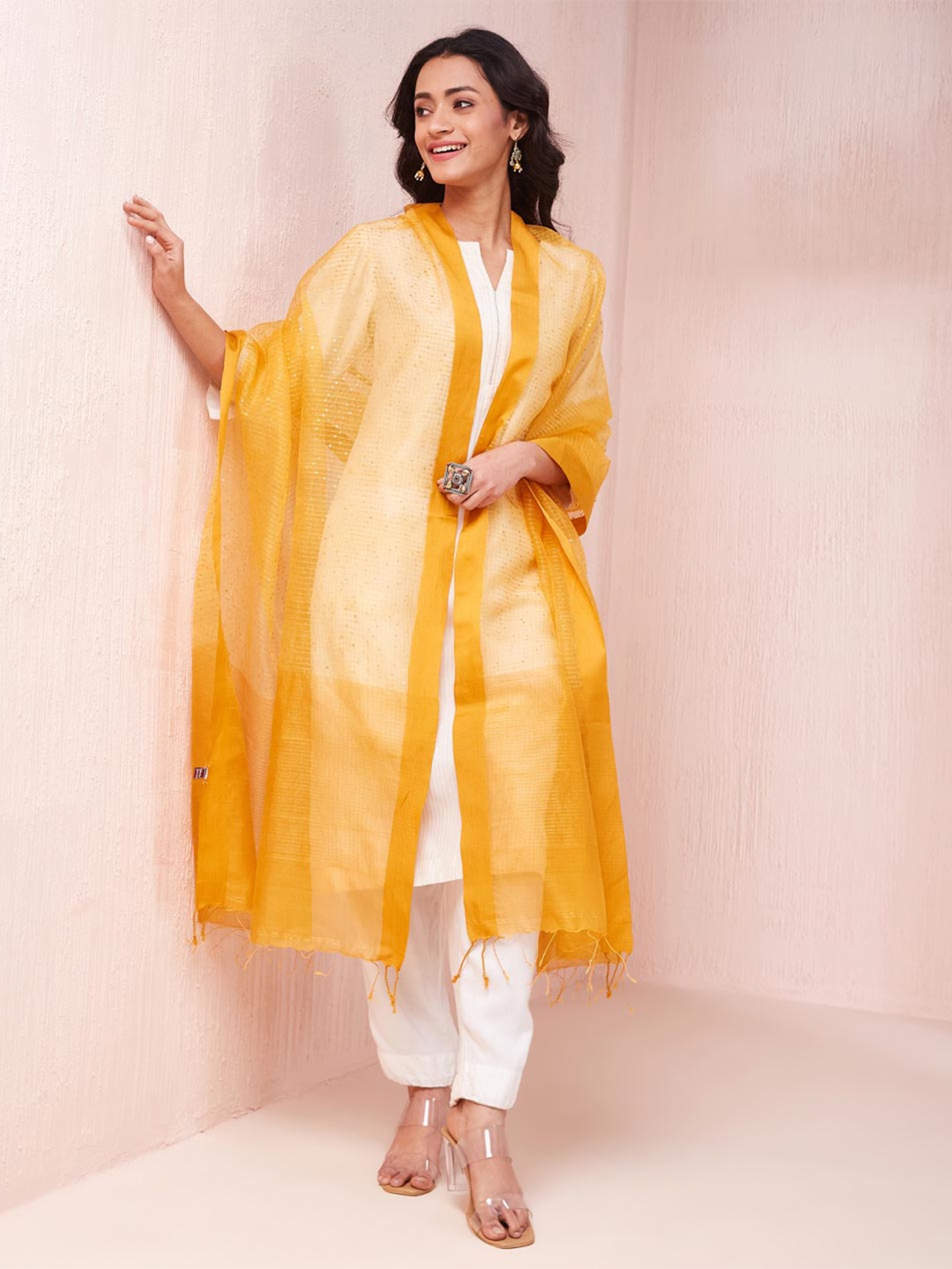 

Fabindia Striped Woven Design Cotton Silk Dupatta With Sequinned, Mustard