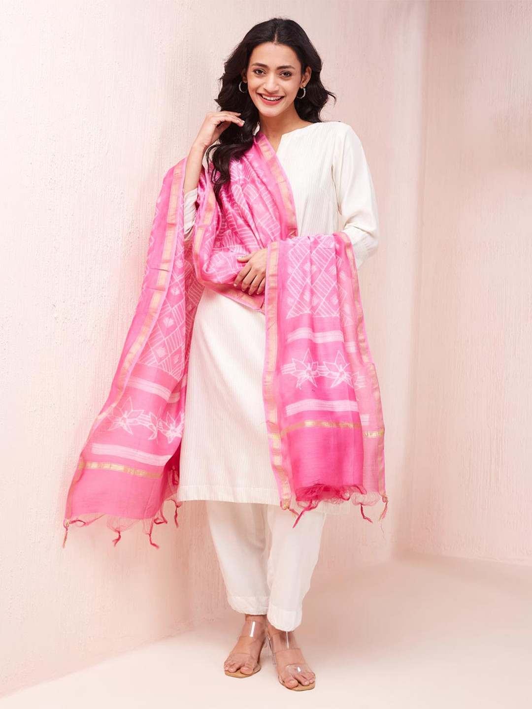 

Fabindia Geometric Printed Cotton Silk Dupatta, Pink