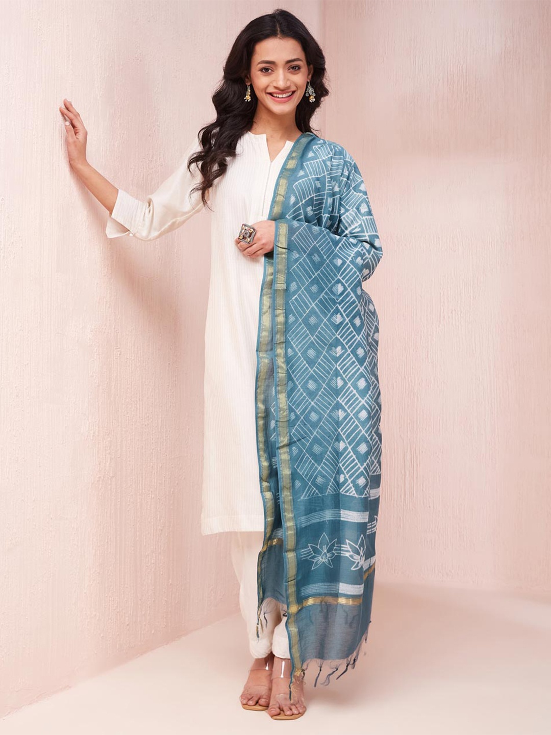 

Fabindia Geometric Printed Cotton Silk Dupatta, Teal