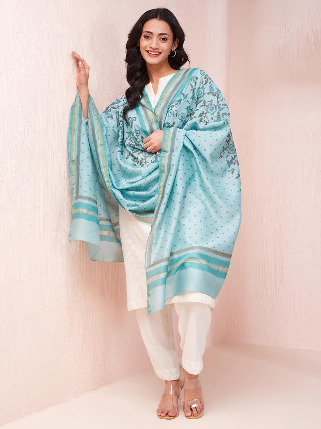 

Fabindia Turquoise Cotton Silk Dupatta, Turquoise blue
