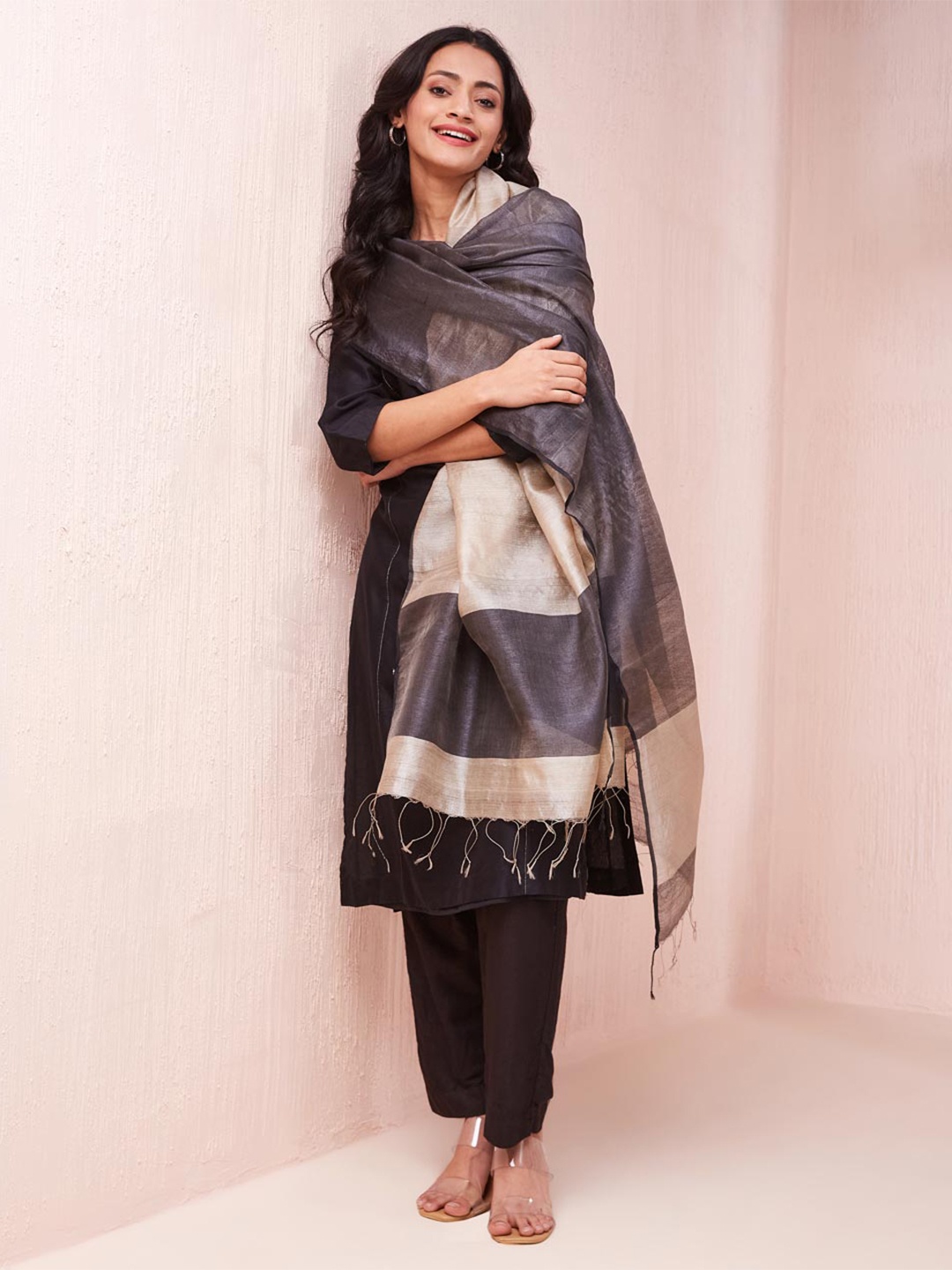 

Fabindia Striped Woven Design Silk Dupatta, Grey