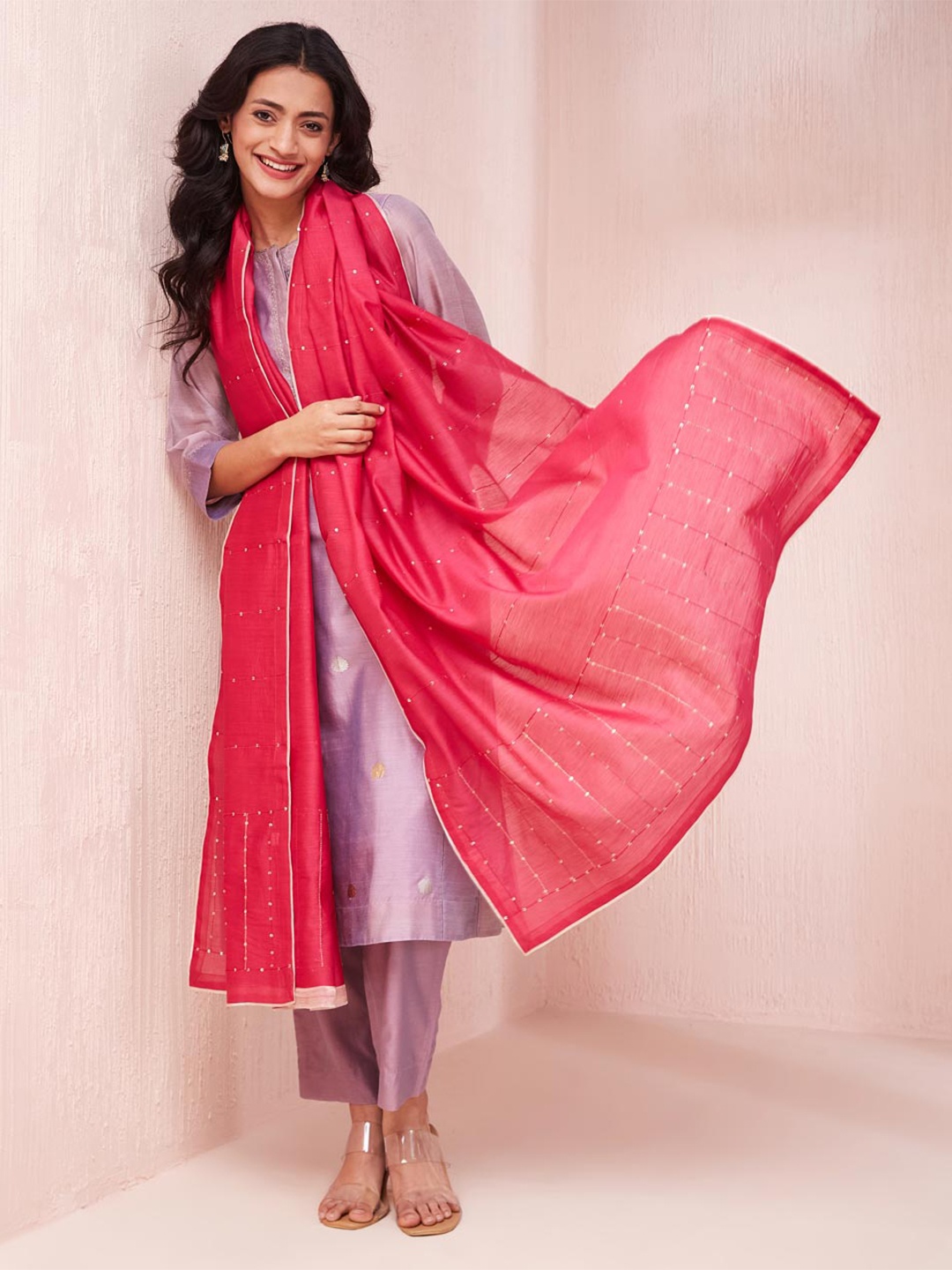 

Fabindia Embroidered Cotton Silk Dupatta With Sequinned, Pink