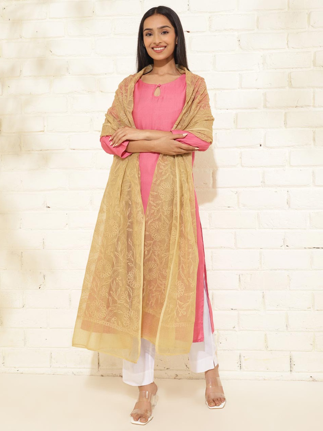 

Fabindia Ethnic Motifs Embroidered Cotton Silk Dupatta With Thread Work, Beige