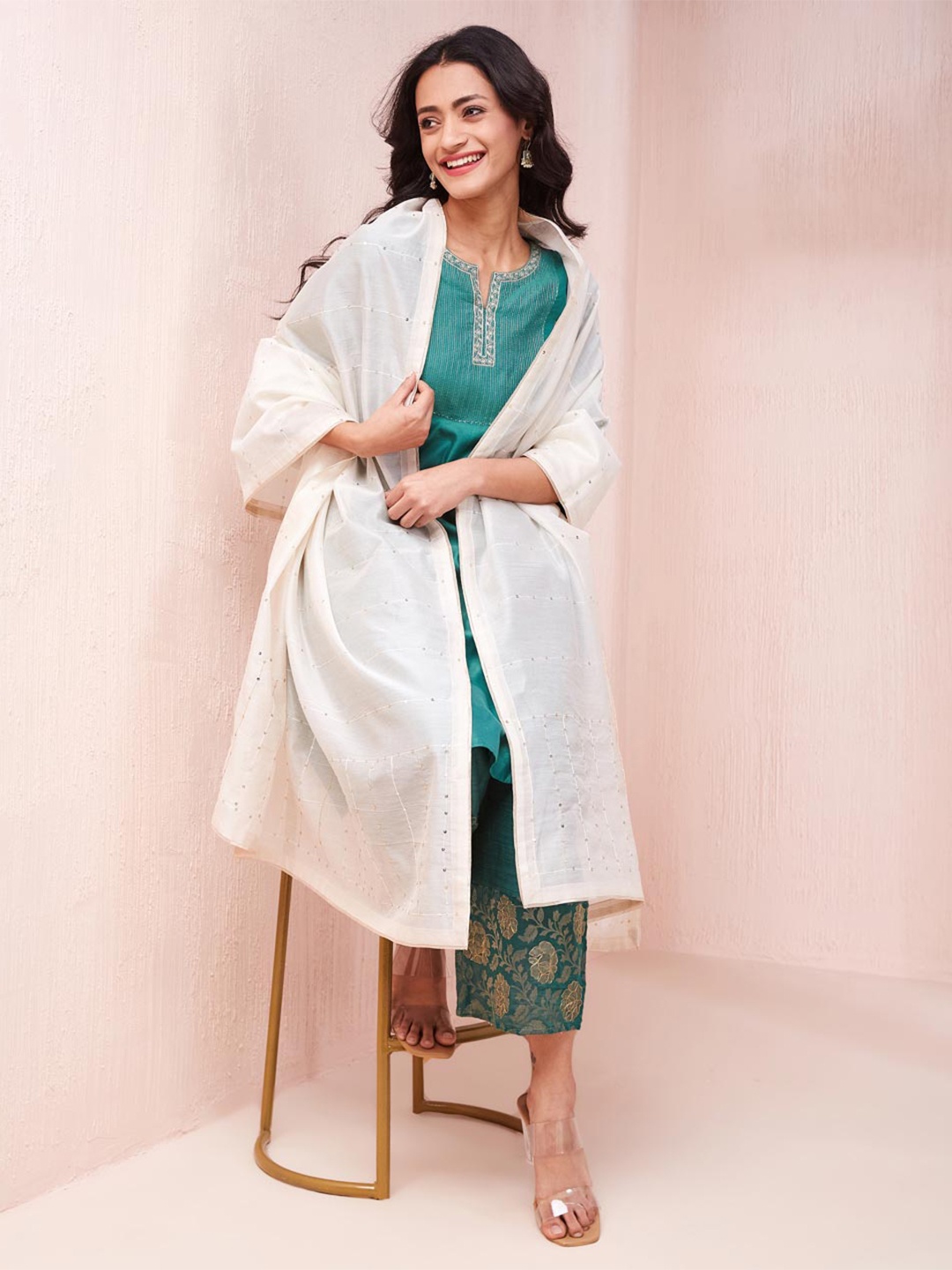 

Fabindia Striped Embroidered Sequinned Cotton Silk Dupatta, Off white