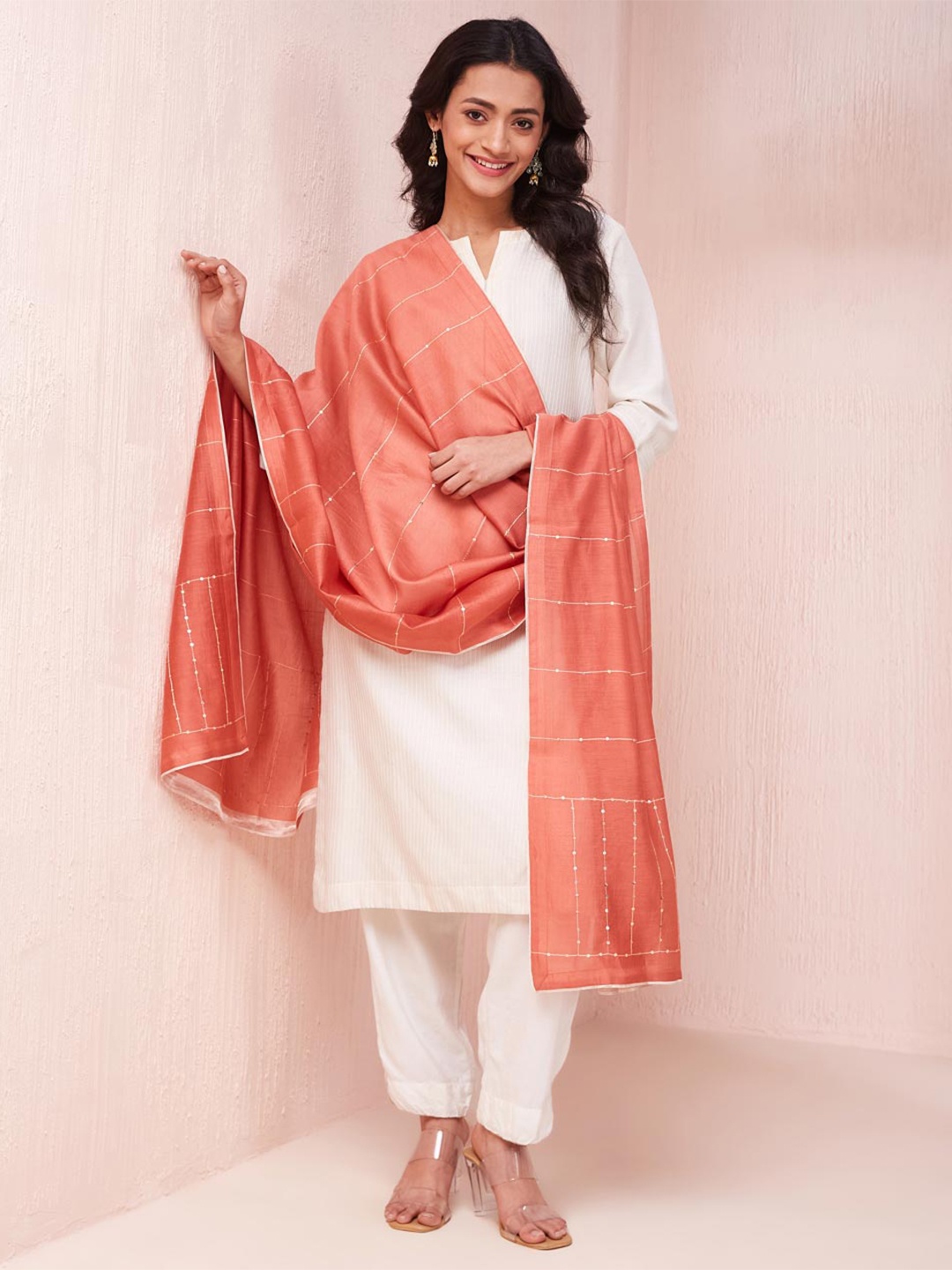 

Fabindia Embroidered Cotton Silk Dupatta With Sequinned, Orange