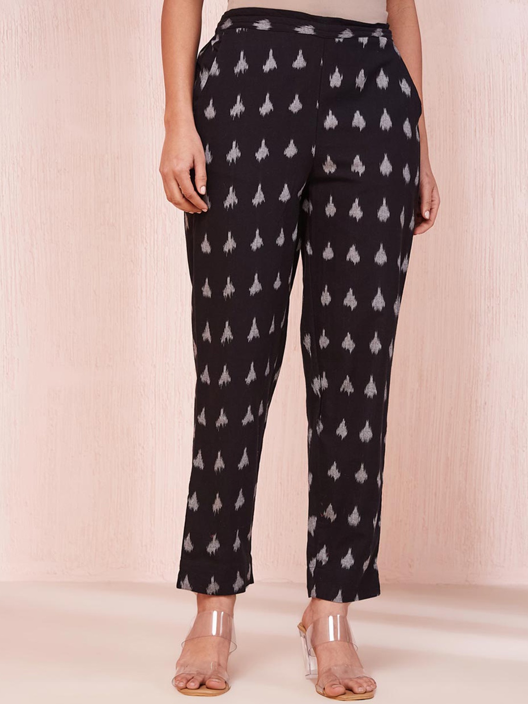 

Fabindia Women Printed Cotton Comfort Regular Trousers, Black