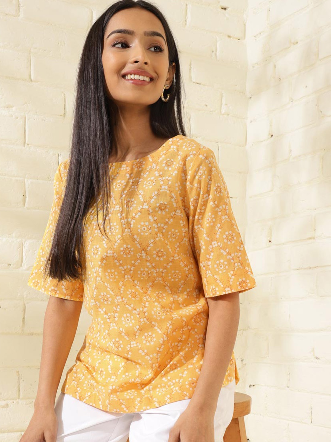 

Fabindia Floral Printed Cotton Top, Yellow