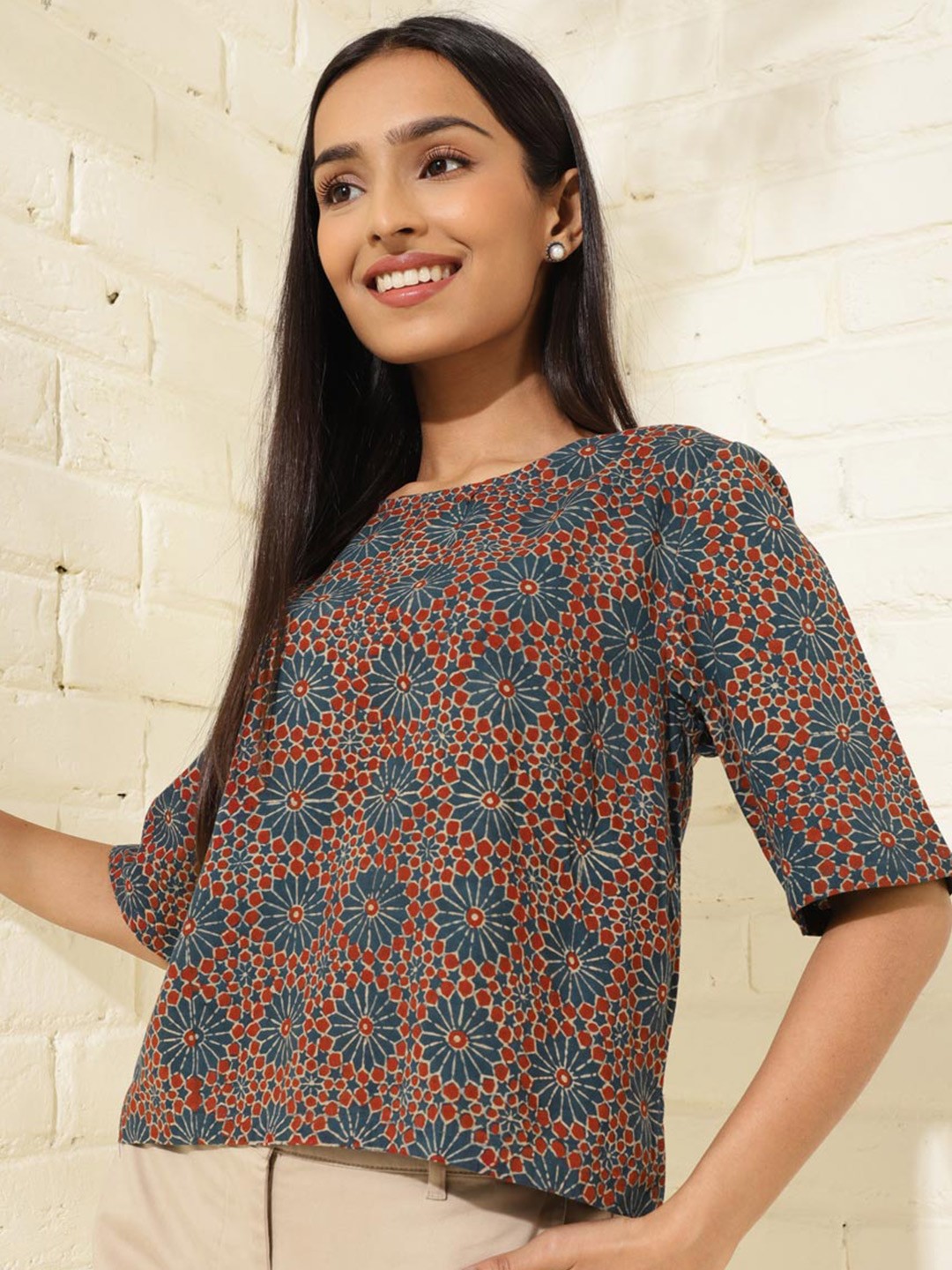 

Fabindia Floral Printed Cotton Top, Blue