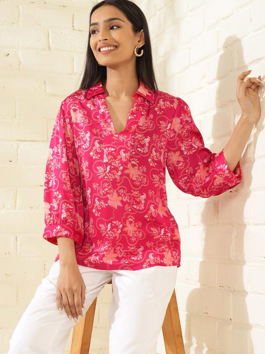 

Fabindia Floral Printed Shirt Style Top, Pink