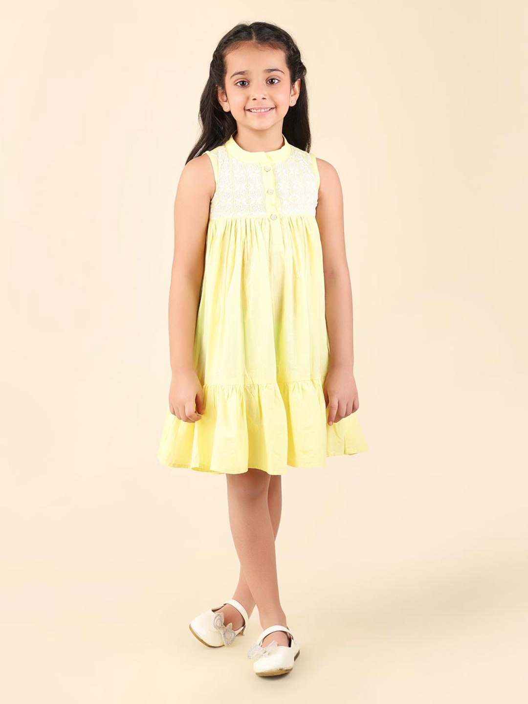 

Fabindia Girls Floral Embroidered Chikankari Cotton Fit & Flare Dress, Yellow