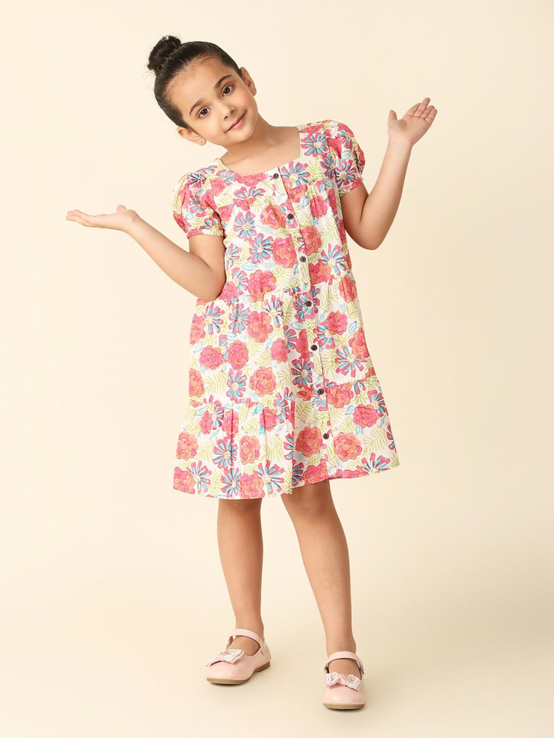 

Fabindia Girls Floral Print Puff Sleeve A-Line Dress, Cream