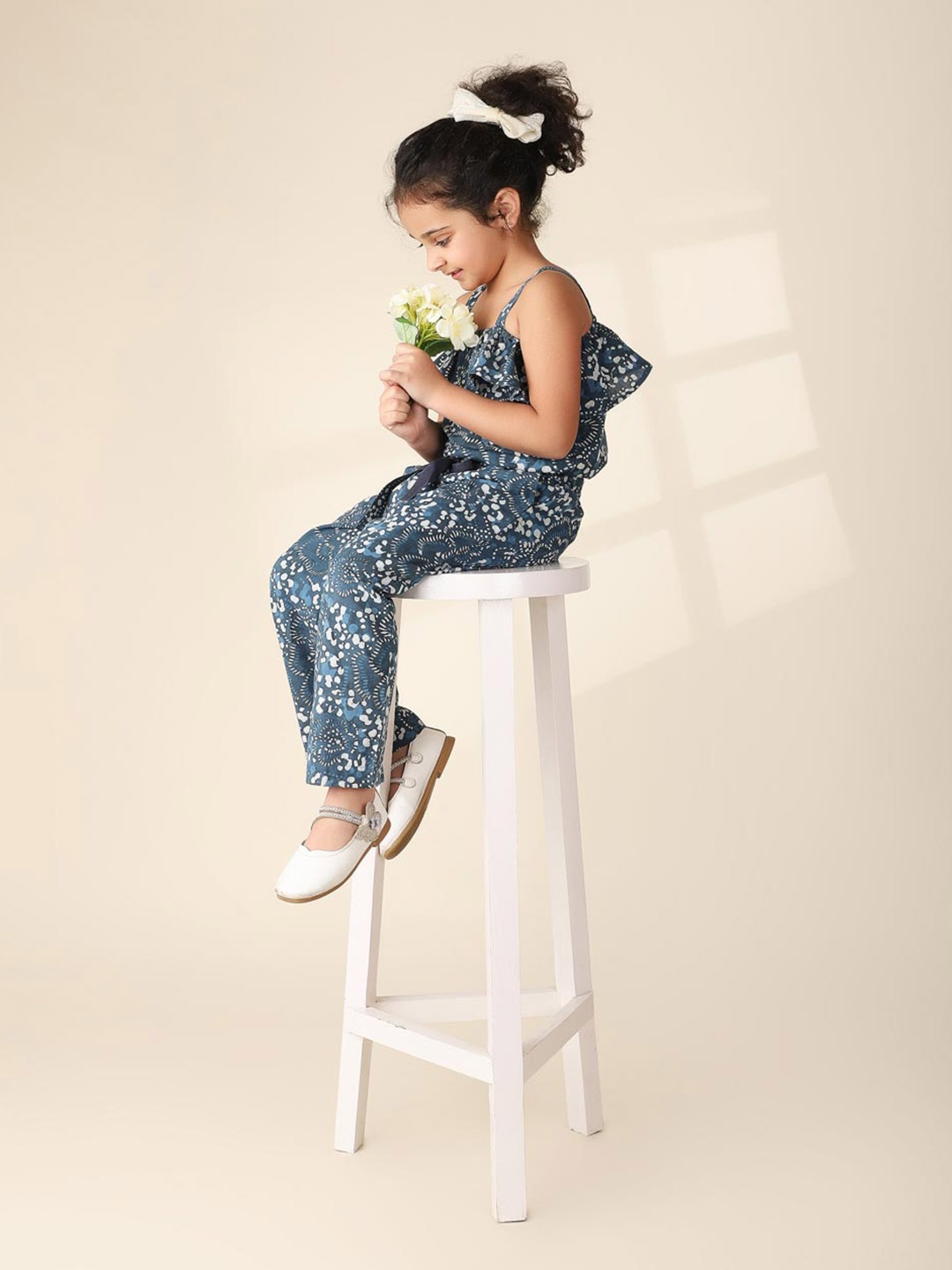 

Fabindia Girls Printed Cotton Basic Jumpsuit, Navy blue