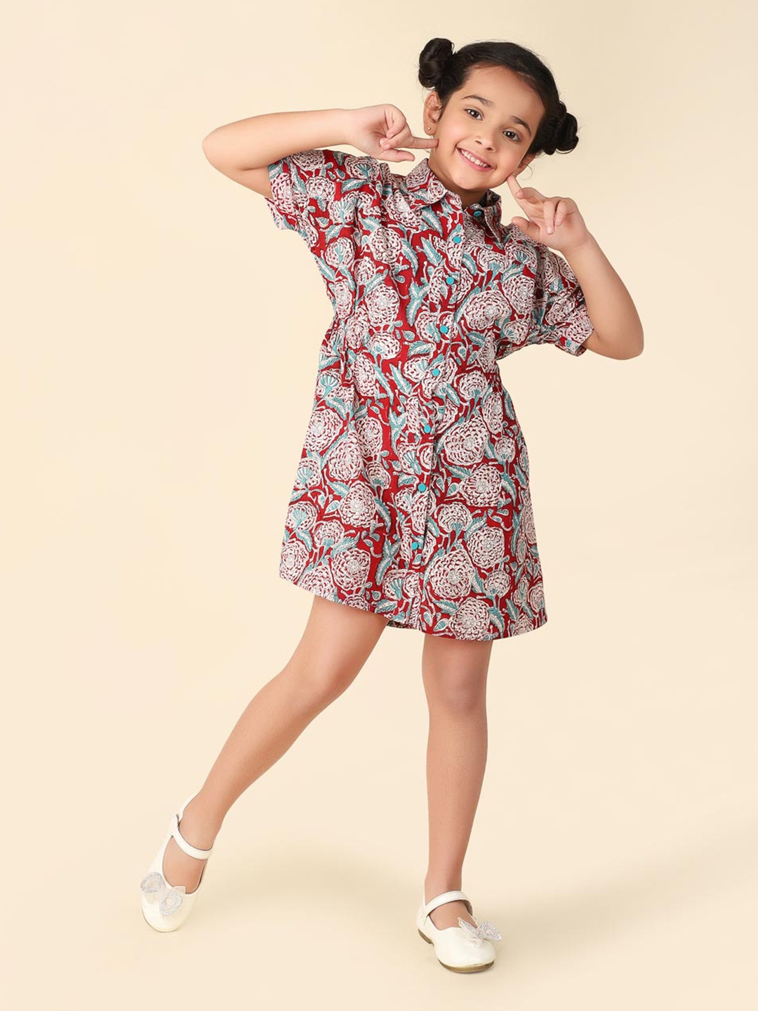 

Fabindia Girls Floral Printed Cotton A-Line Dress, Red