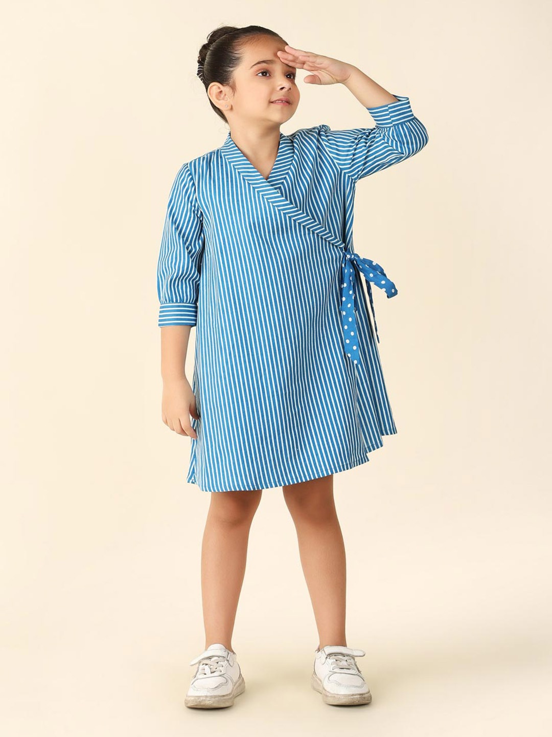 

Fabindia Girls Striped Cotton A-Line Dress, Navy blue