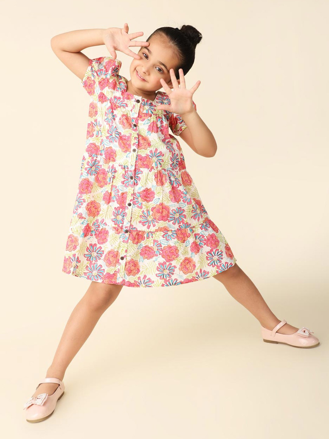 

Fabindia Girls Floral Printed Cotton A-Line Dress, Cream