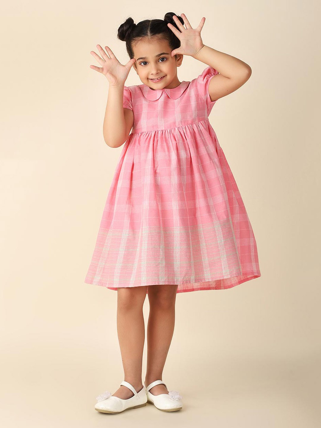 

Fabindia Girls Striped Cotton A-Line Dress, Pink