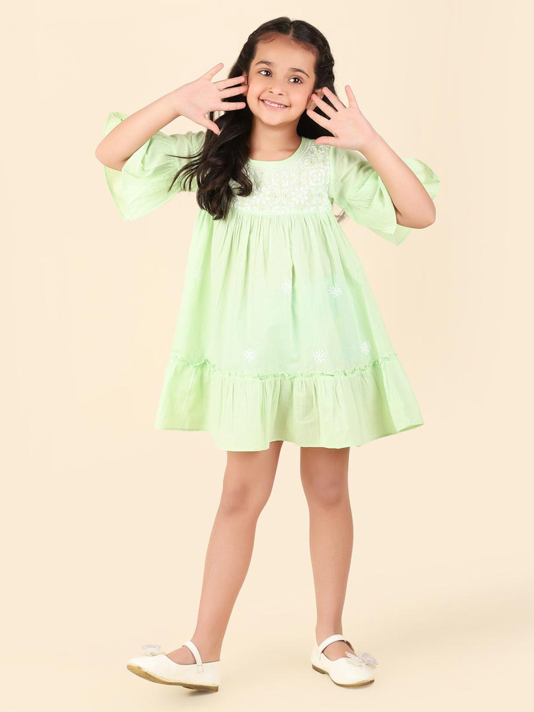 

Fabindia Girls Floral Embroidered Chikankari Cotton A-Line Dress, Green