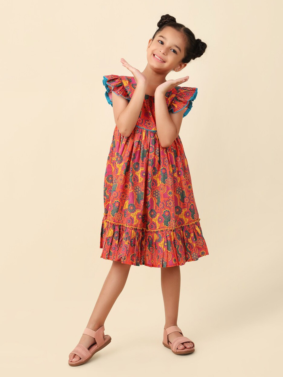 

Fabindia Girls Floral Printed Cotton Fit & Flare Dress, Orange