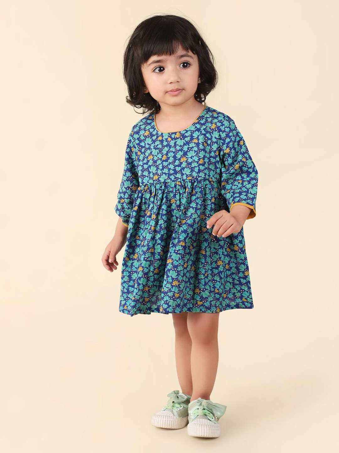 

Fabindia Girls Floral Printed Cotton A-Line Dress, Blue