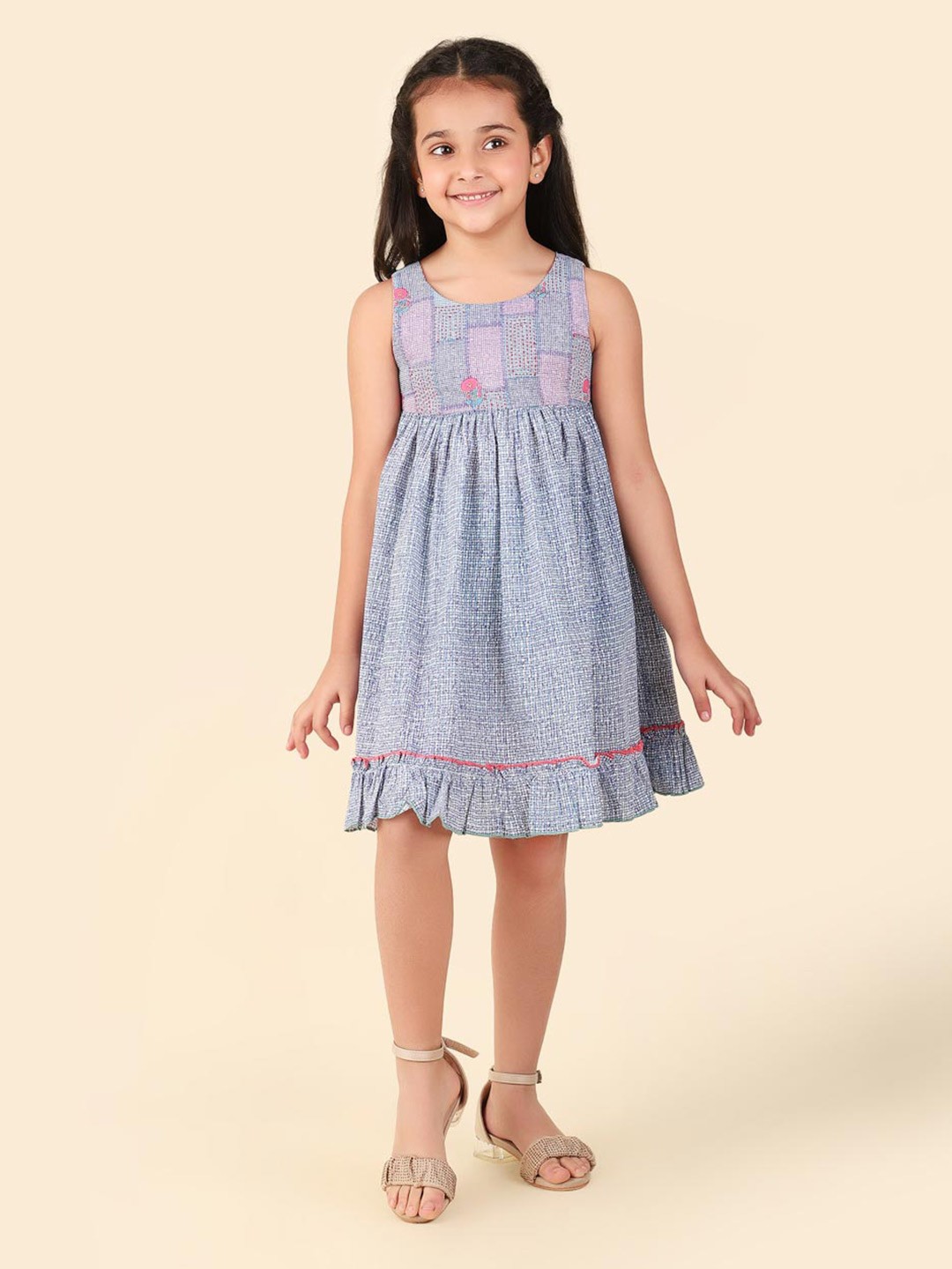 

Fabindia Girls Checked Cotton A-Line Dress, Blue