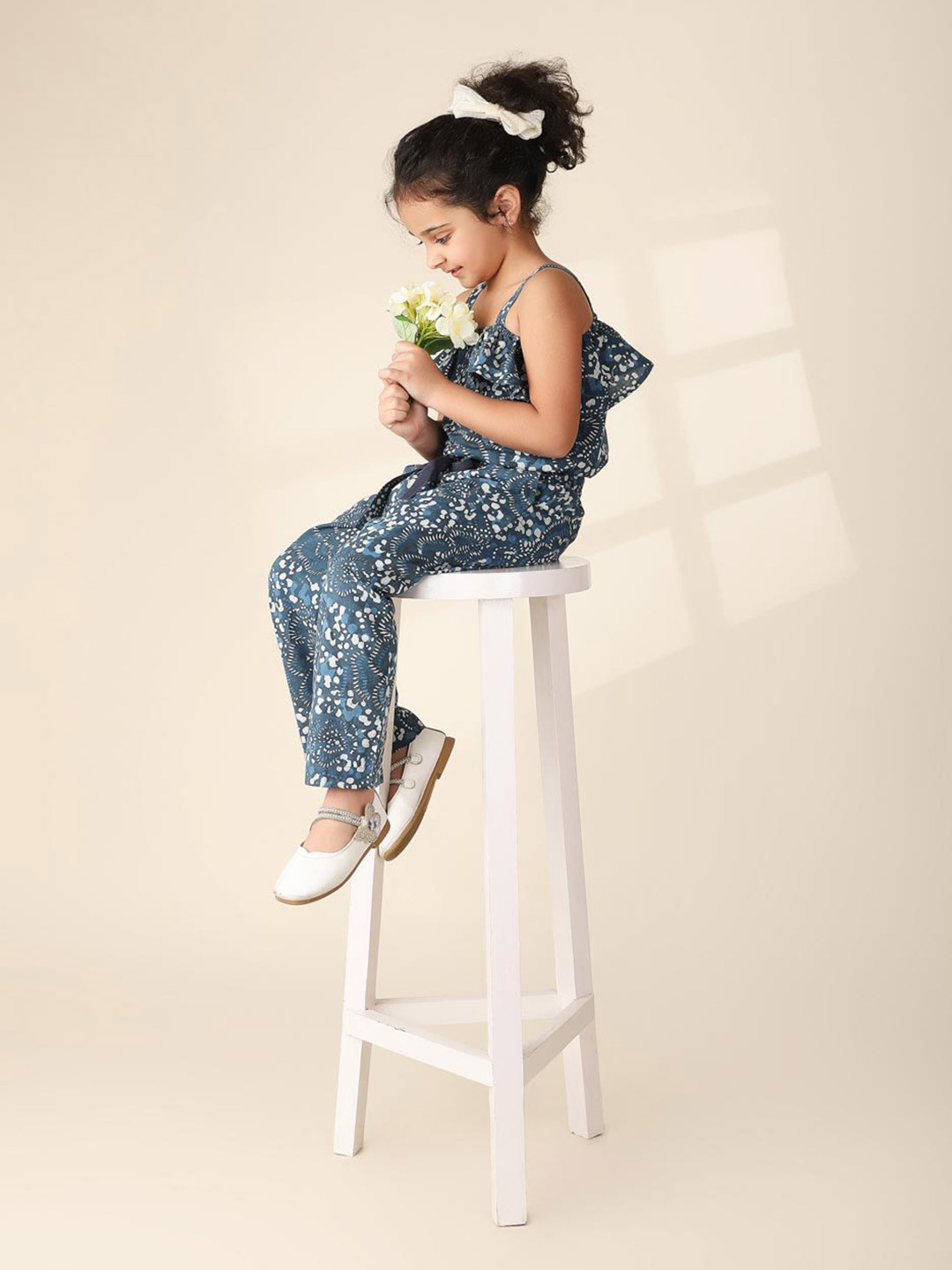 

Fabindia Girls Printed Cotton Basic Jumpsuit, Navy blue