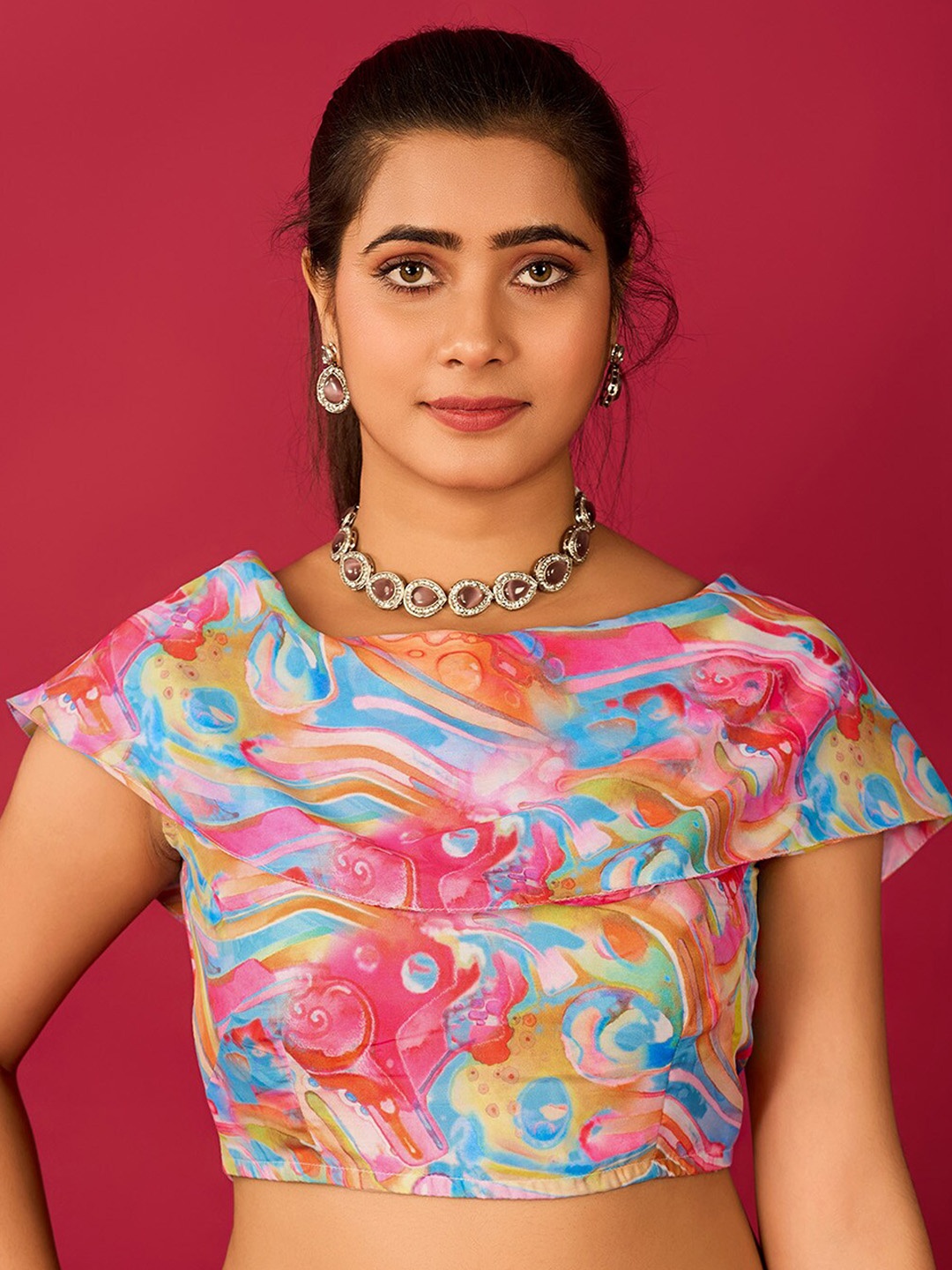 

flaher Abstract Printed Satin Readymade Saree Blouse, Pink