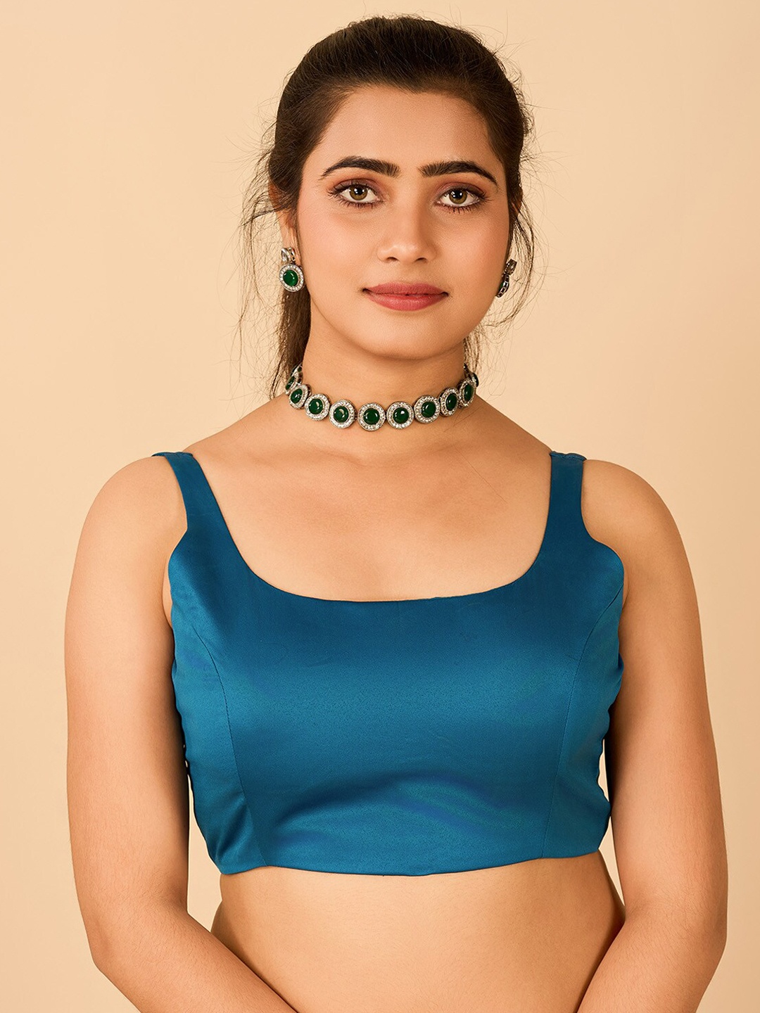 

flaher Round Neck Satin Readymade Saree Blouse, Teal